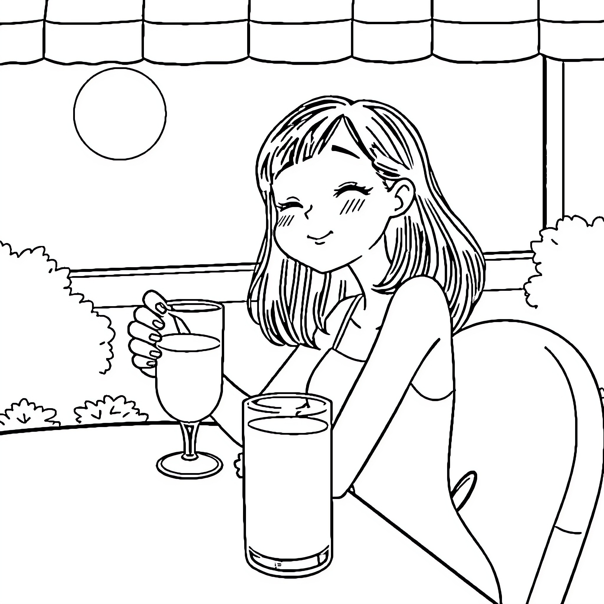 Hinata enjoying drinks on a serene evening Coloring Page (free black-and-white line drawing printable PDF for all, from beginners to advanced learners, including children, teens, adults, and seniors)
