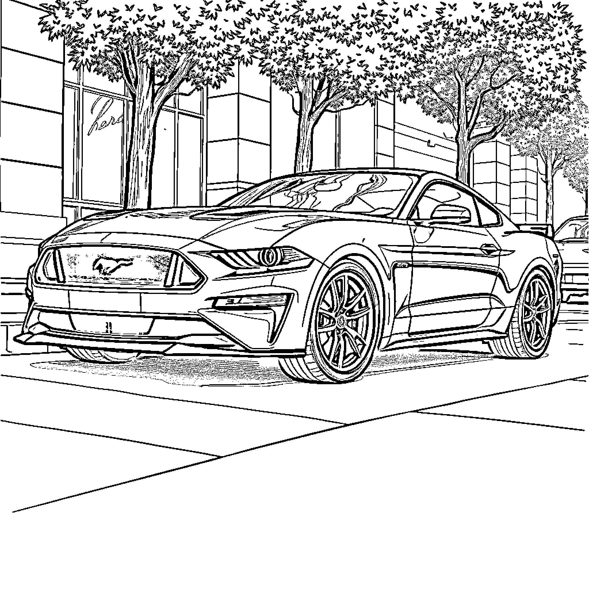 Ford Mustang sports car in urban setting Coloring Page (free black-and-white line drawing printable PDF for all, from beginners to advanced learners, including children, teens, adults, and seniors)