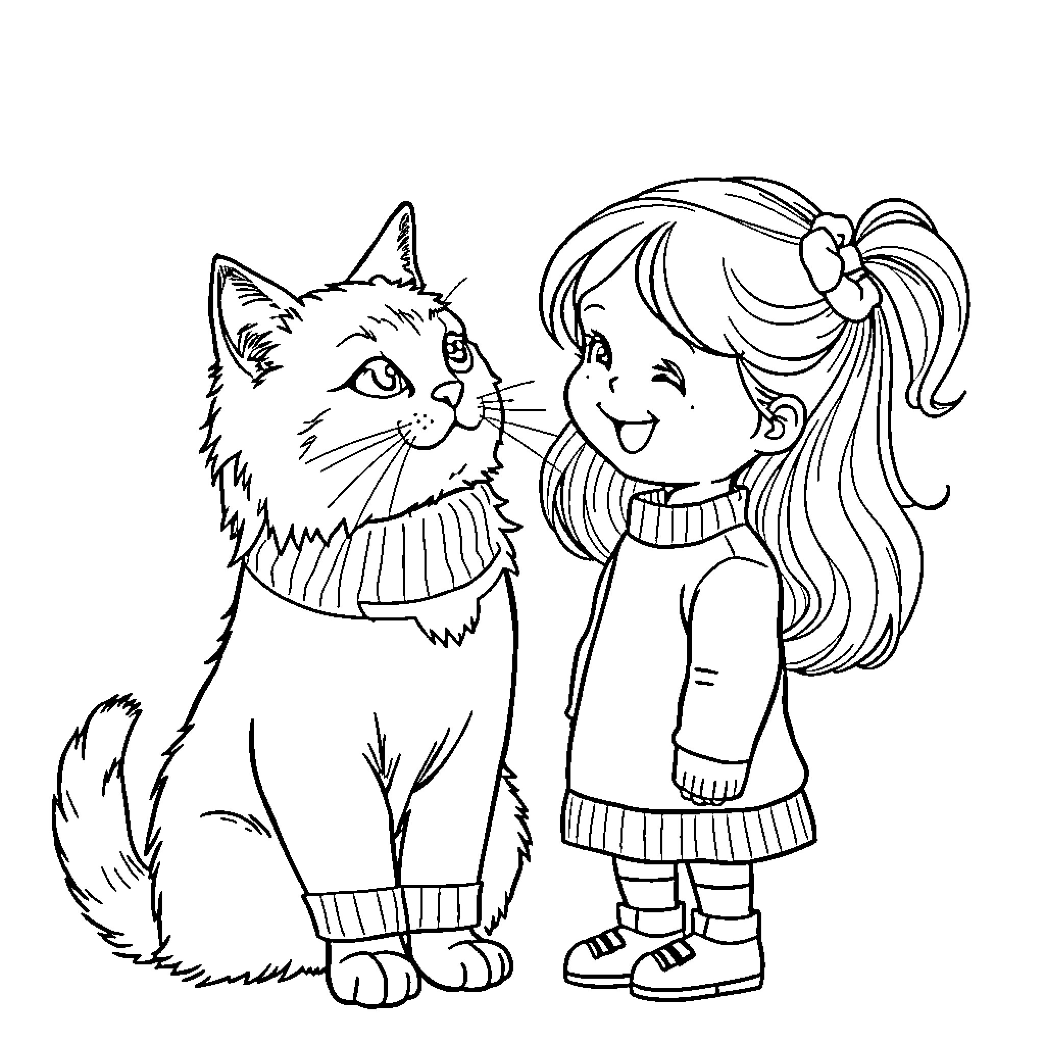 Cat and Girl in Casual Attire Coloring Page (free black-and-white line drawing printable PDF for all, from beginners to advanced learners, including children, teens, adults, and seniors)