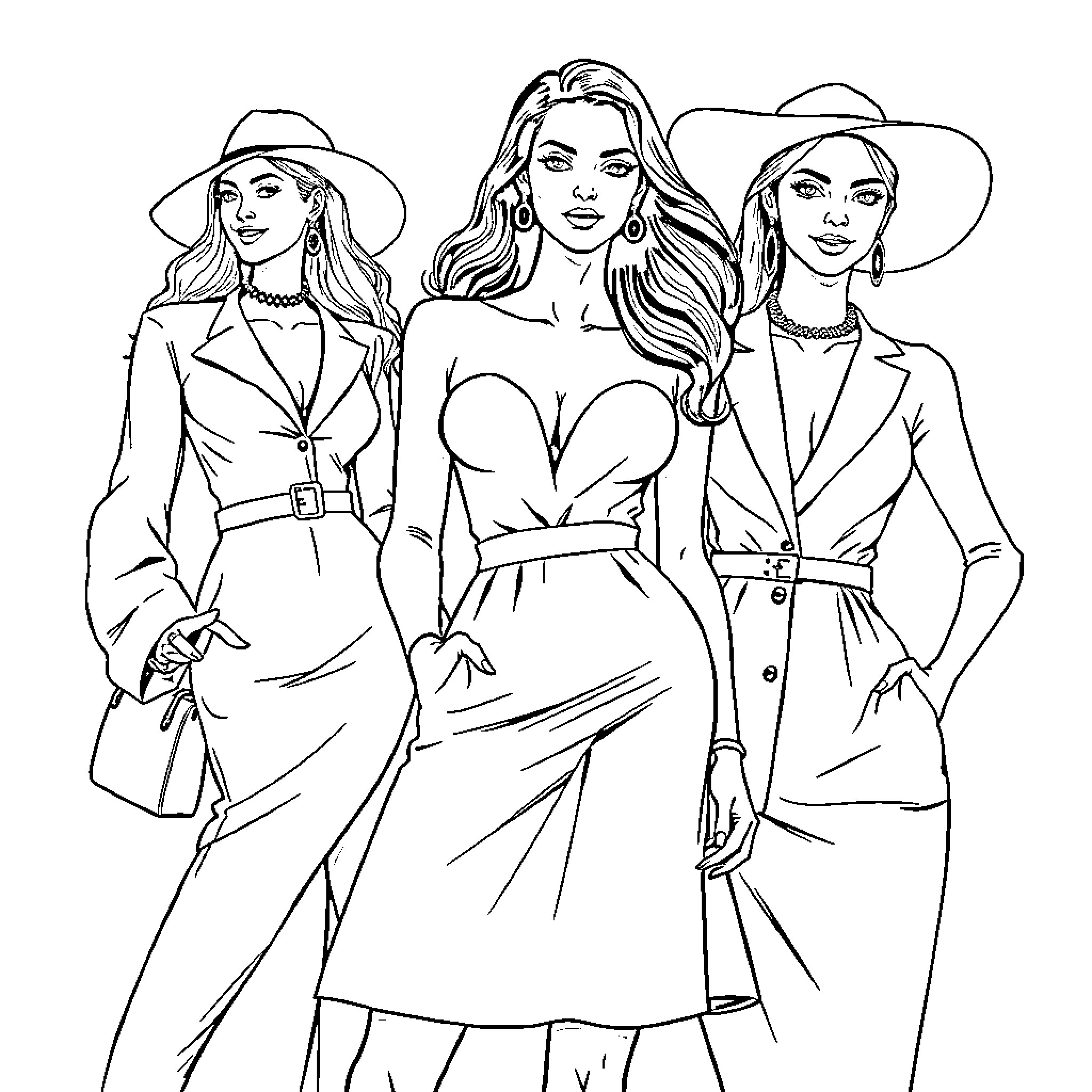 Women in stylish fashion poses Coloring Page (free black-and-white line drawing printable PDF for all, from beginners to advanced learners, including children, teens, adults, and seniors)