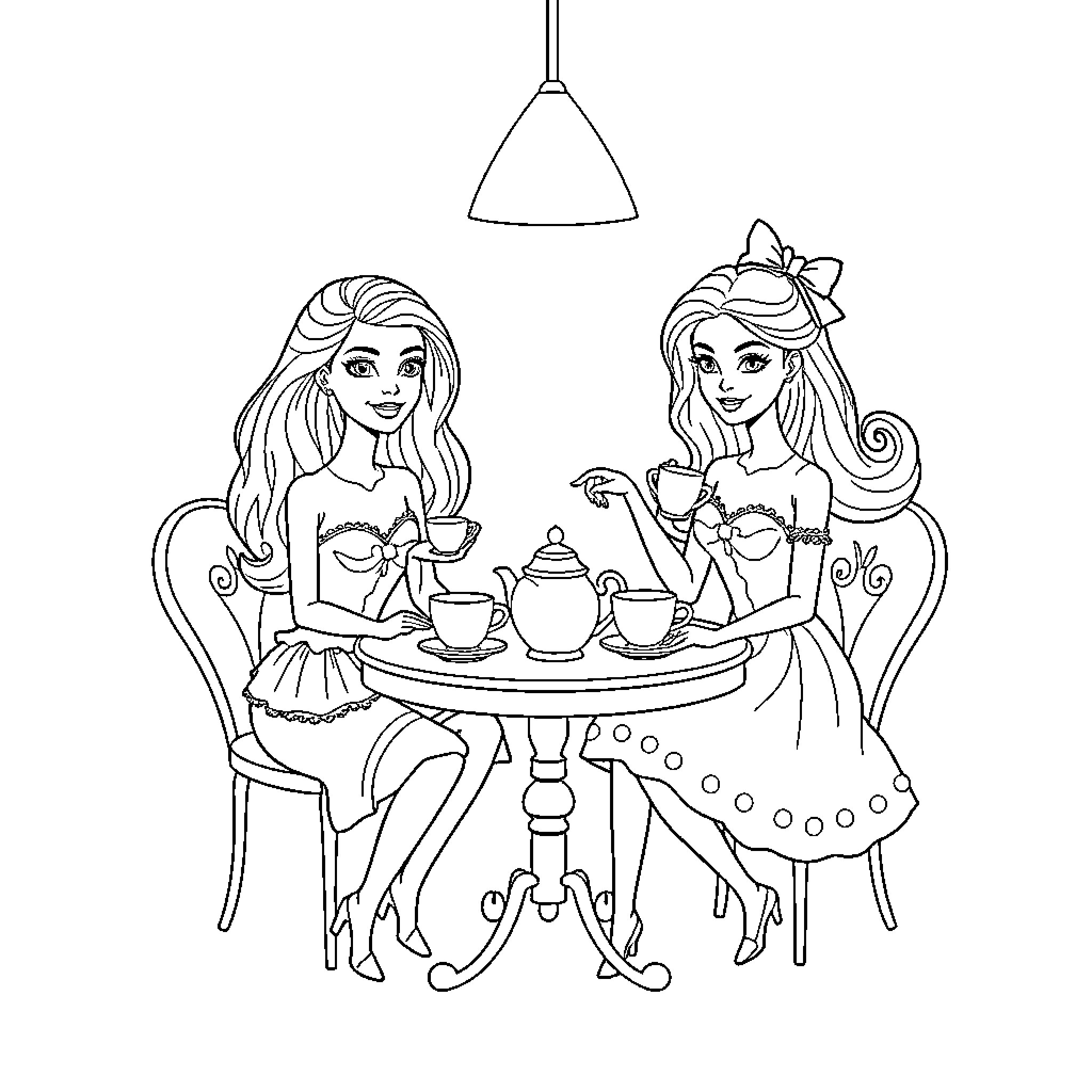 Barbie and Friend Enjoying Tea Party Coloring Page (free black-and-white line drawing printable PDF for all, from beginners to advanced learners, including children, teens, adults, and seniors)