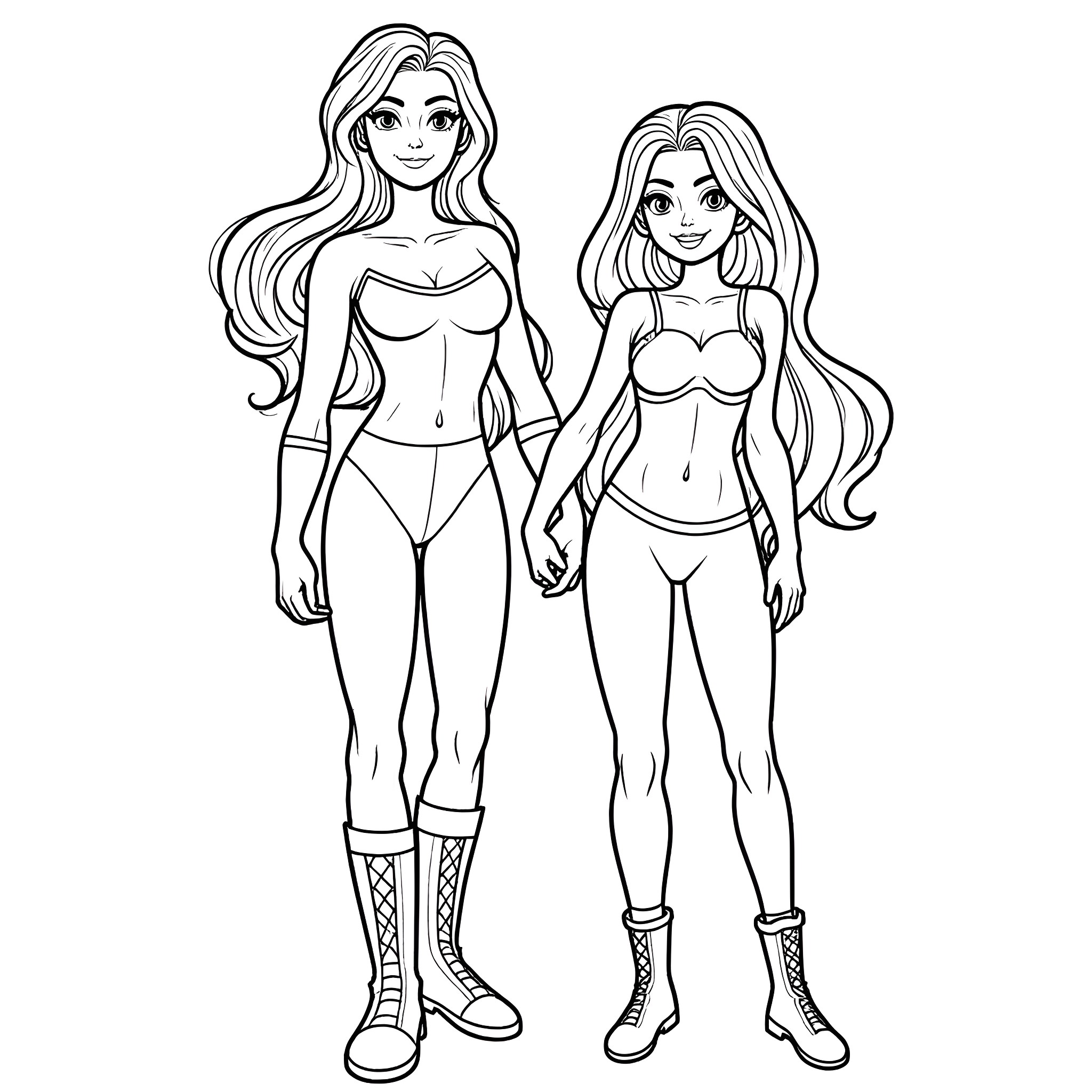 Harley and Ivy in Stylish Outfits Coloring Page (free black-and-white line drawing printable PDF for all, from beginners to advanced learners, including children, teens, adults, and seniors)