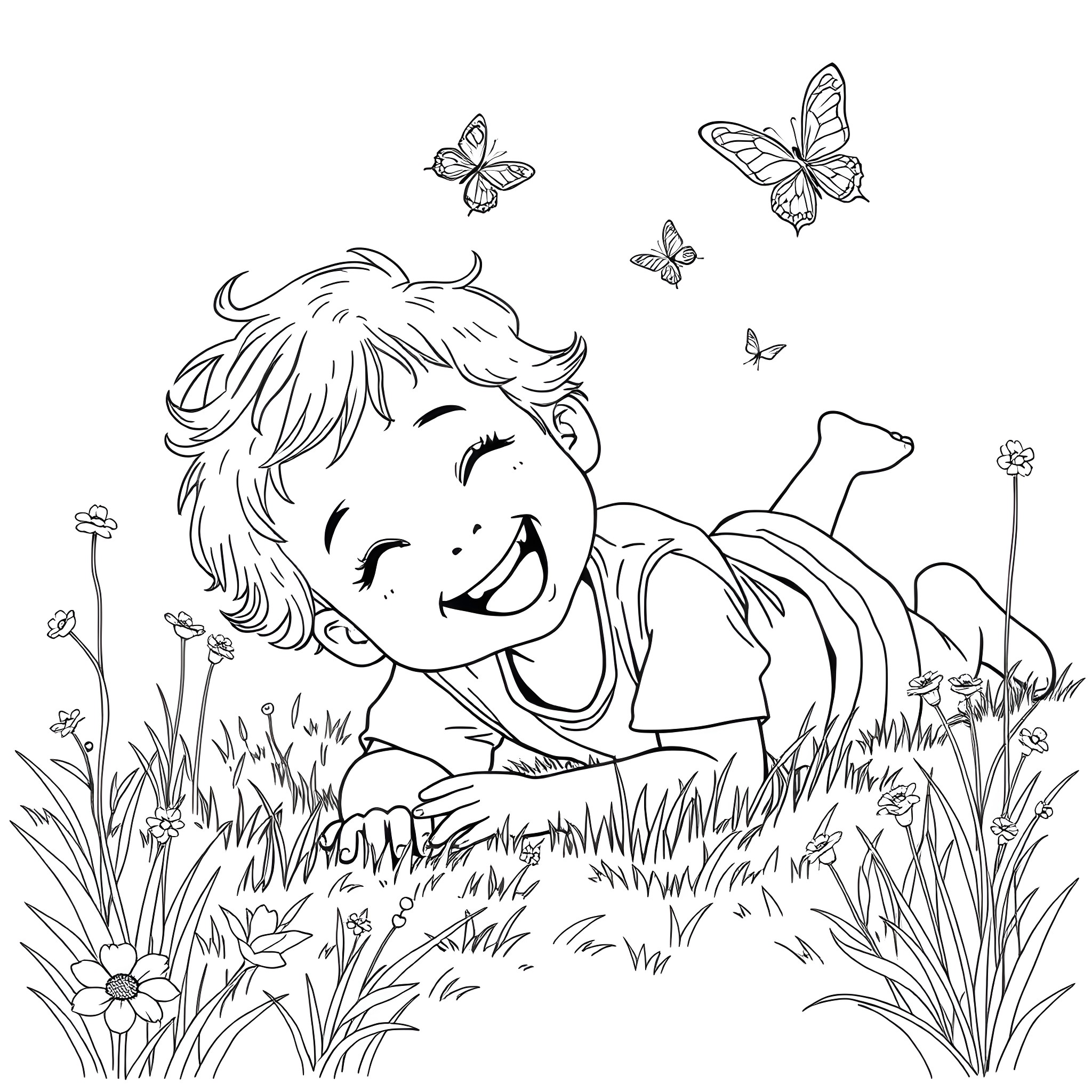 Kid playing happily with butterflies in the meadow Coloring Page (free black-and-white line drawing printable PDF for all, from beginners to advanced learners, including children, teens, adults, and seniors)