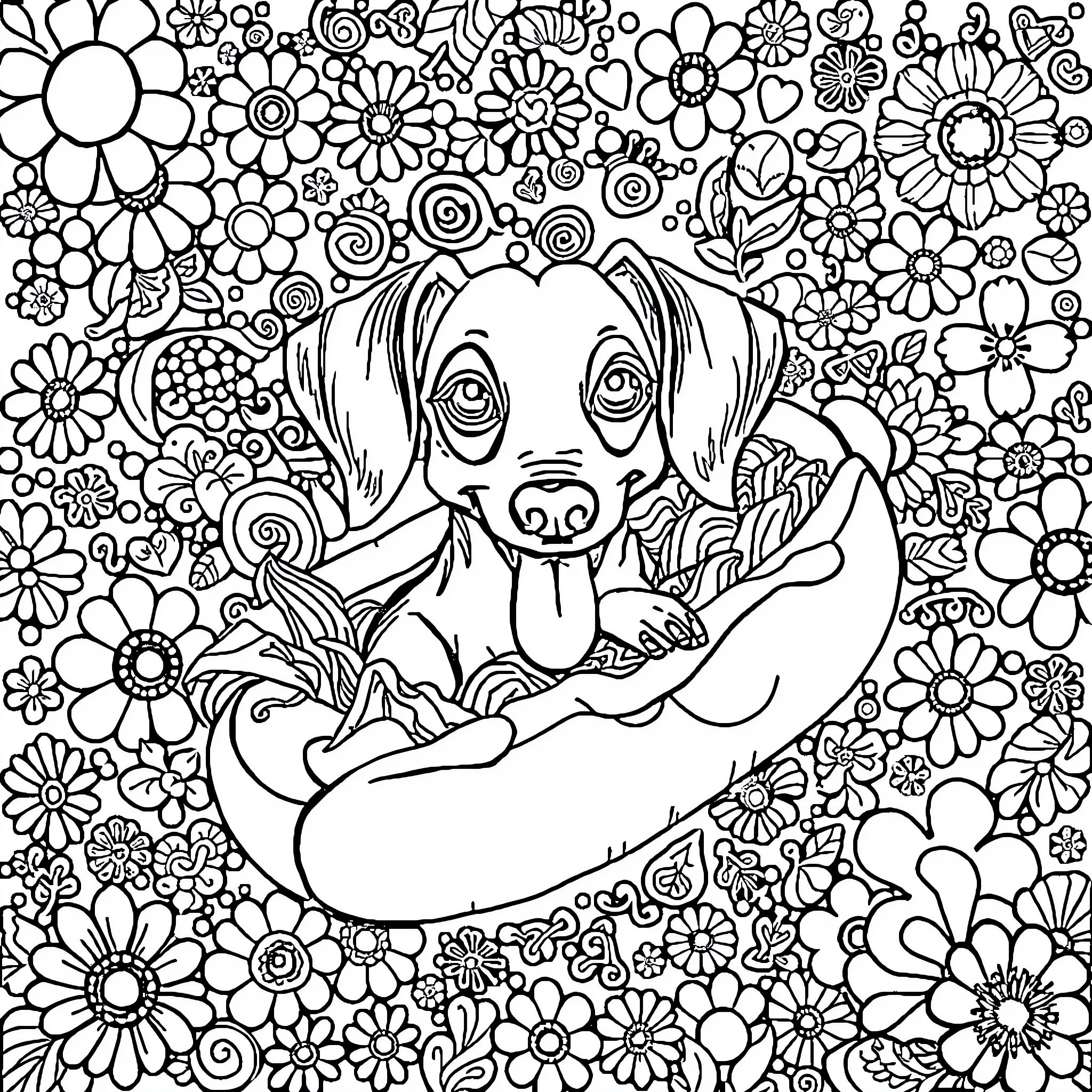 Dachshund surrounded by whimsical floral patterns Coloring Page (free black-and-white line drawing printable PDF for all, from beginners to advanced learners, including children, teens, adults, and seniors)