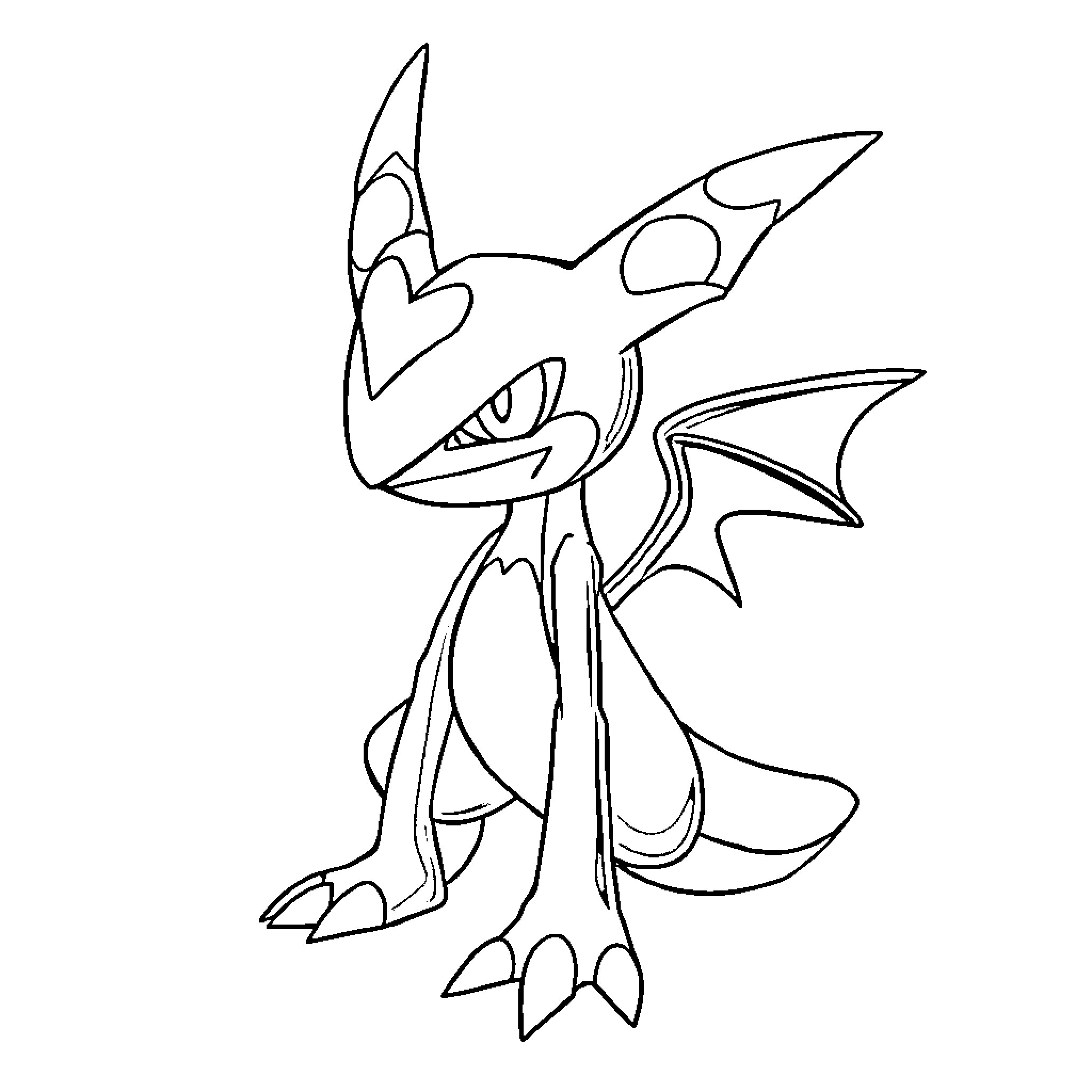 Greninja striking a fierce pose Coloring Page (free black-and-white line drawing printable PDF for all, from beginners to advanced learners, including children, teens, adults, and seniors)