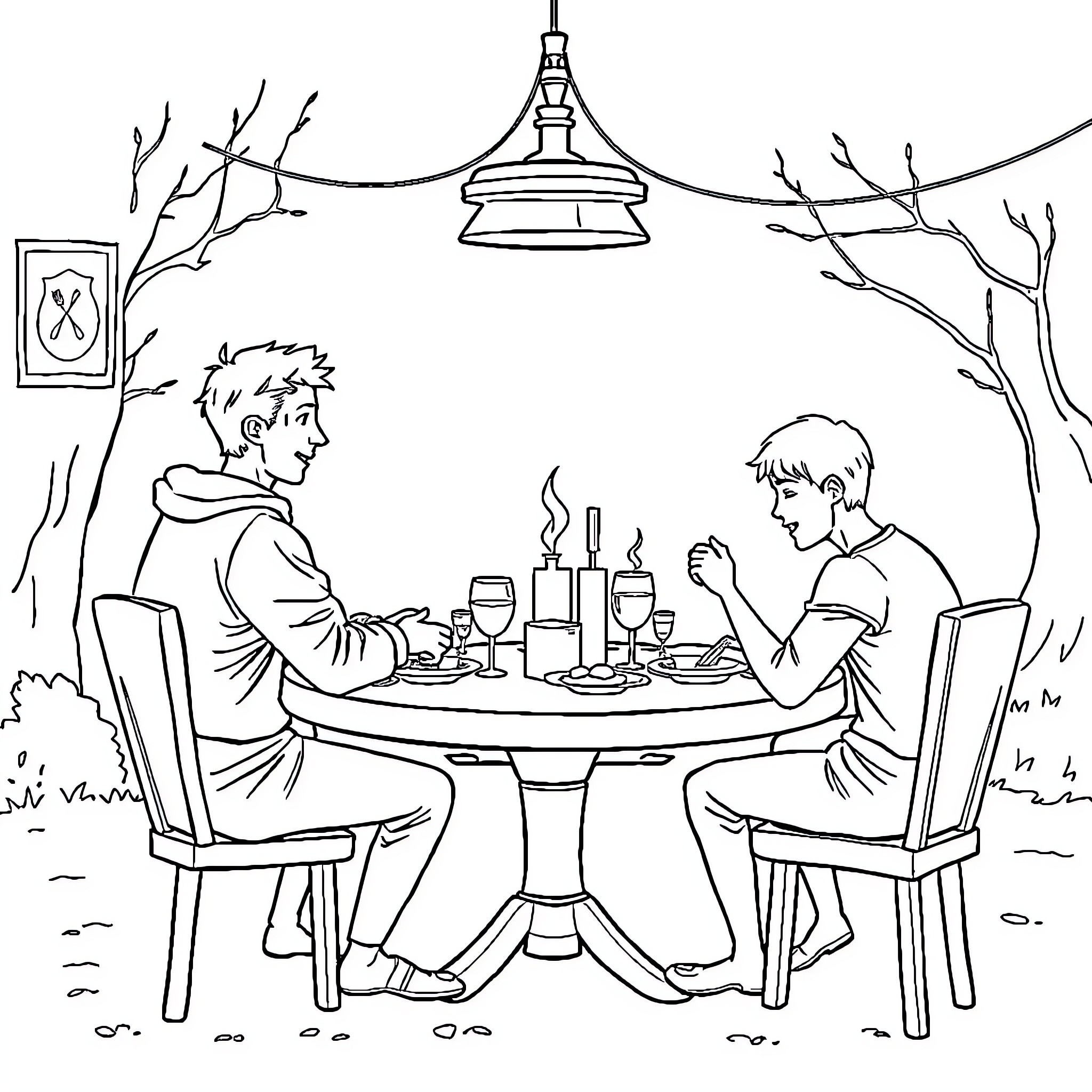 Abendmal of Colleagues Dining Outdoors Coloring Page (free black-and-white line drawing printable PDF for all, from beginners to advanced learners, including children, teens, adults, and seniors)