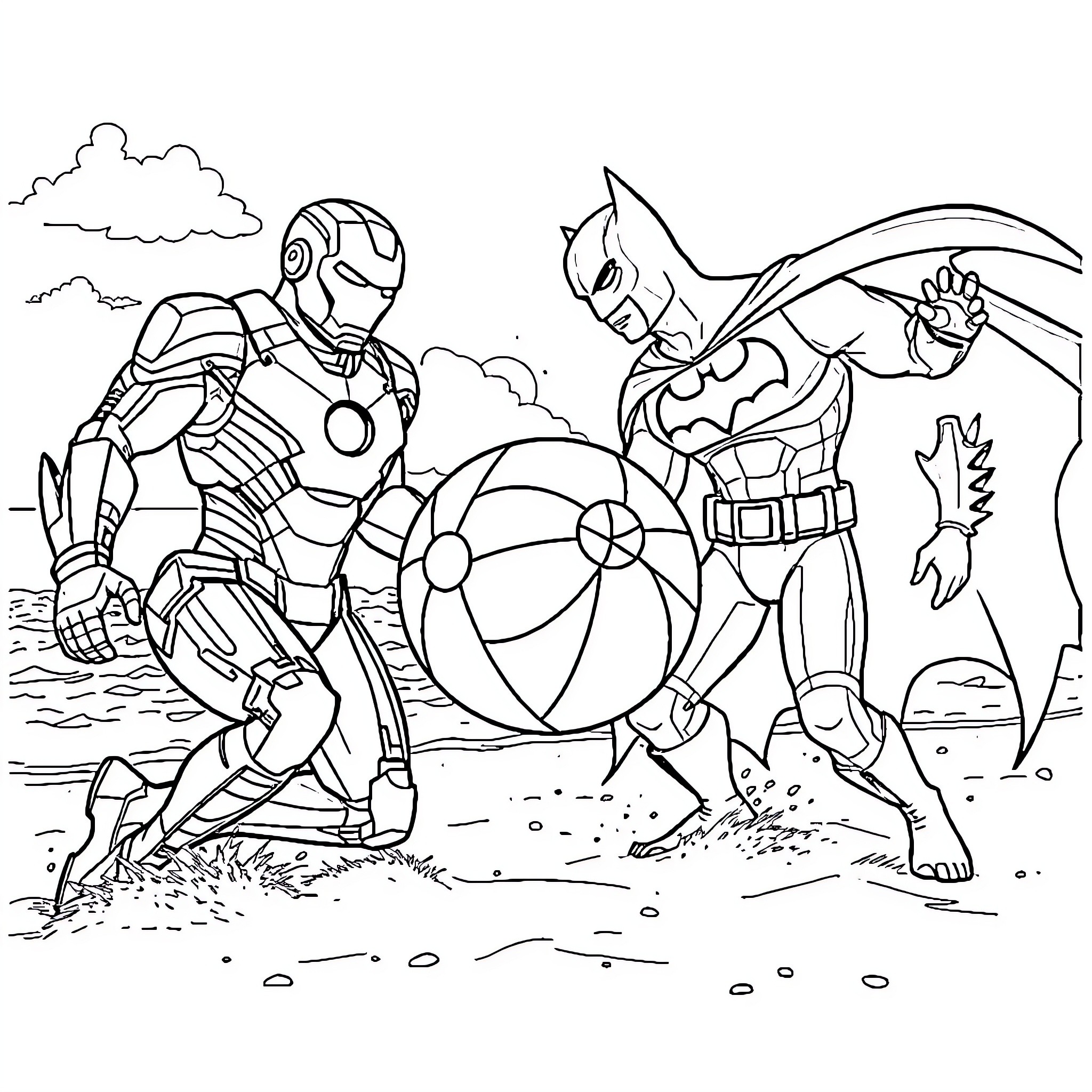 Iron Man and Batman battle on the beach Coloring Page (free black-and-white line drawing printable PDF for all, from beginners to advanced learners, including children, teens, adults, and seniors)