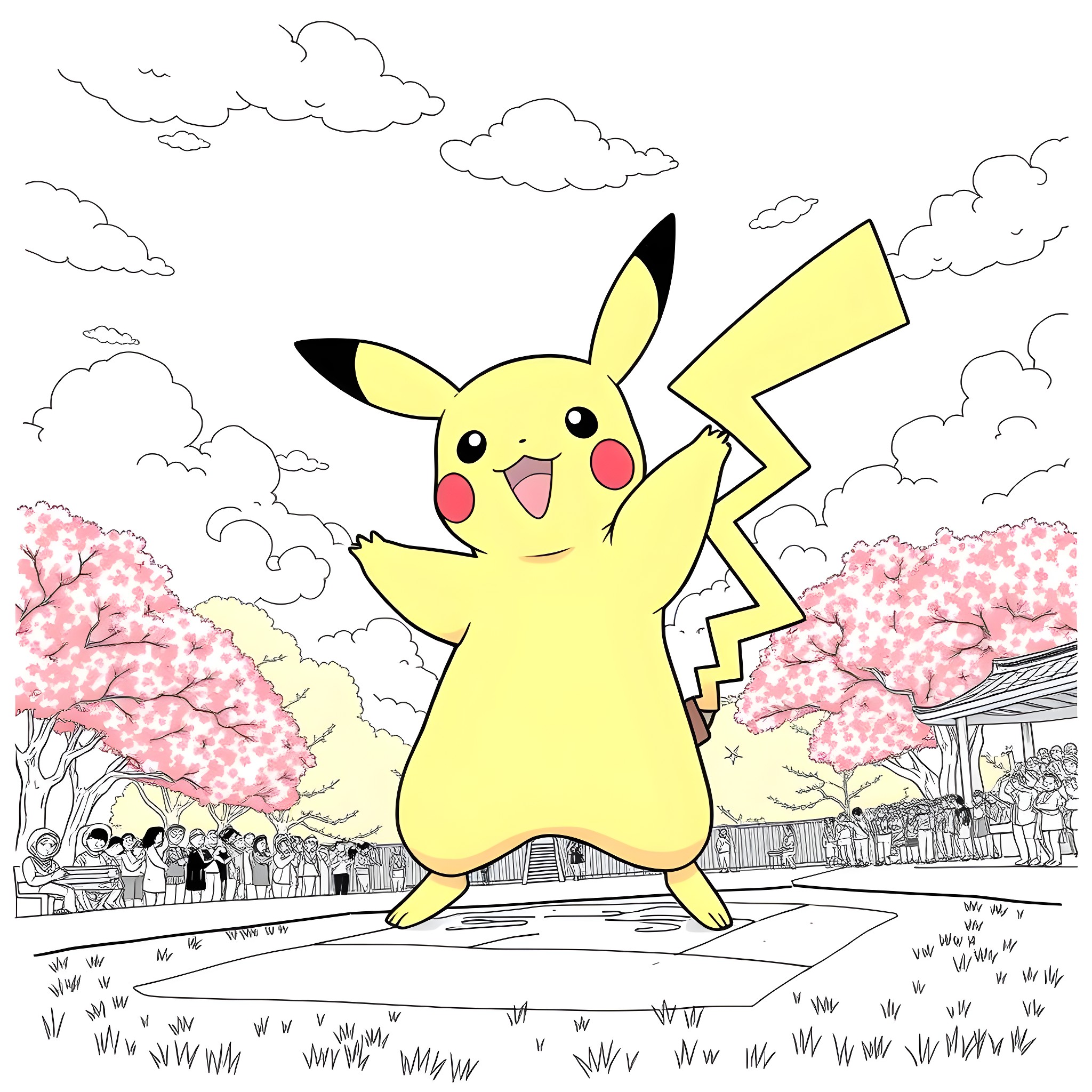Pikachu cheerfully posing in a scenic environment Coloring Page (free black-and-white line drawing printable PDF for all, from beginners to advanced learners, including children, teens, adults, and seniors)