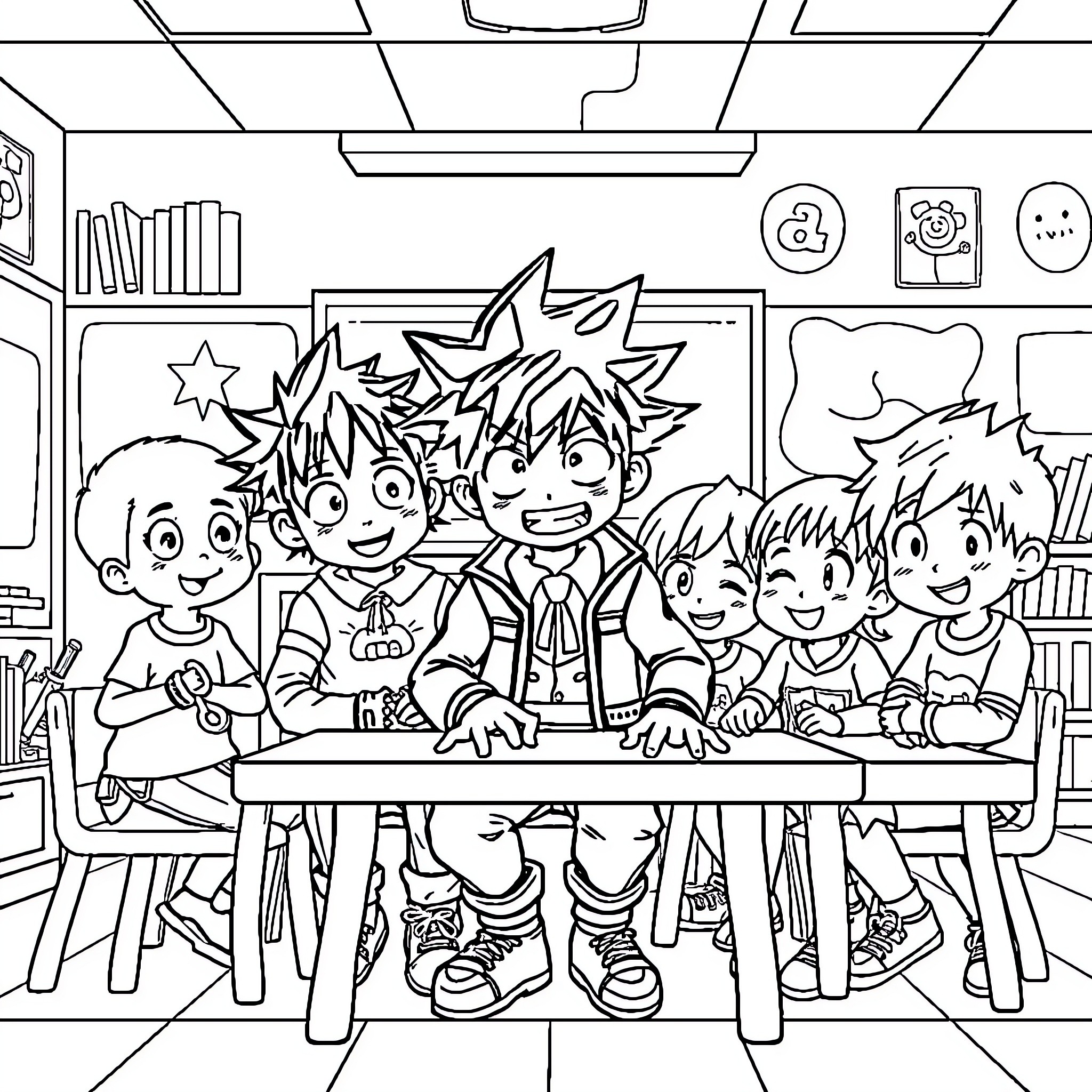 Hero Academia: Lively Classroom of Vibrant Characters Coloring Page (free black-and-white line drawing printable PDF for all, from beginners to advanced learners, including children, teens, adults, and seniors)