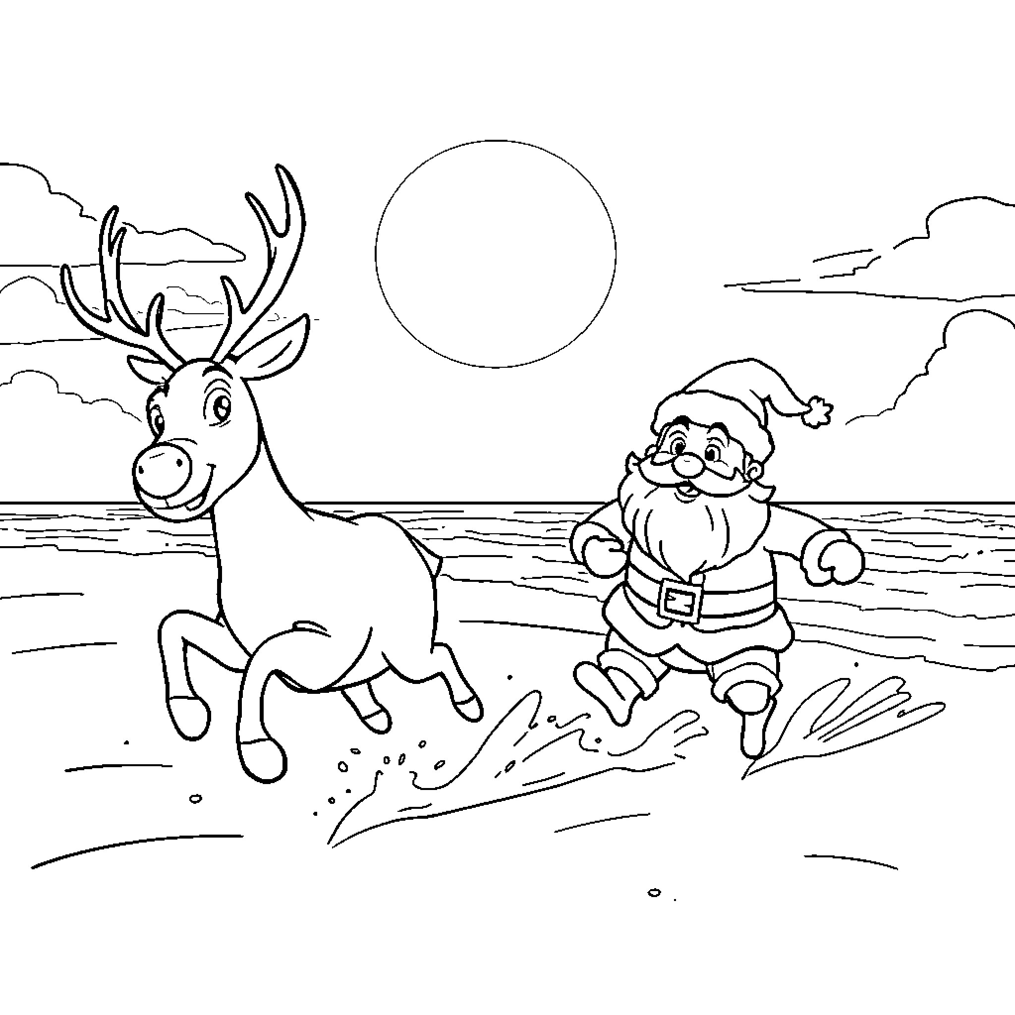 Rudolph and Santa playing on the beach Coloring Page (free black-and-white line drawing printable PDF for all, from beginners to advanced learners, including children, teens, adults, and seniors)