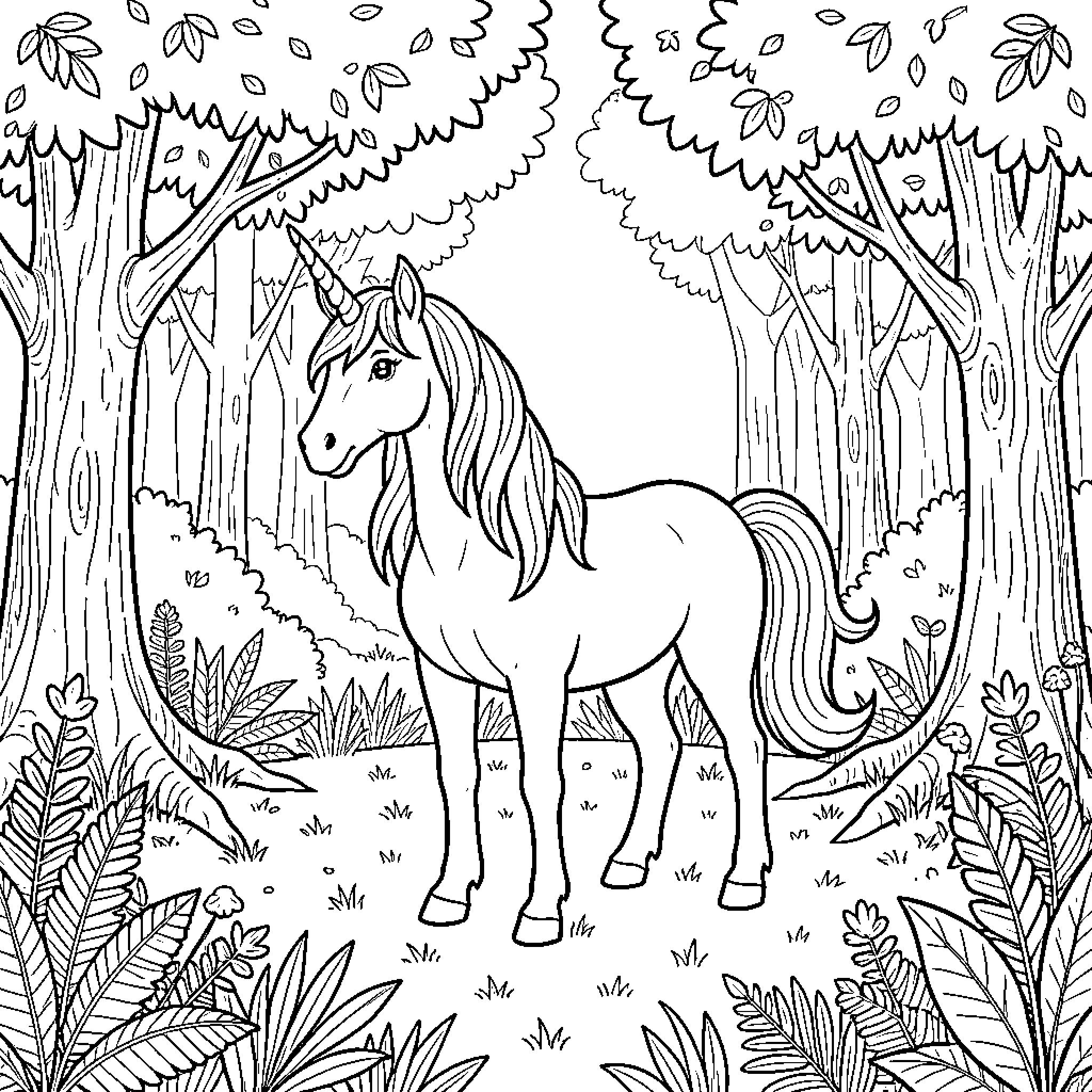 Unicorn standing peacefully in a lush forest clearing Coloring Page (free black-and-white line drawing printable PDF for all, from beginners to advanced learners, including children, teens, adults, and seniors)