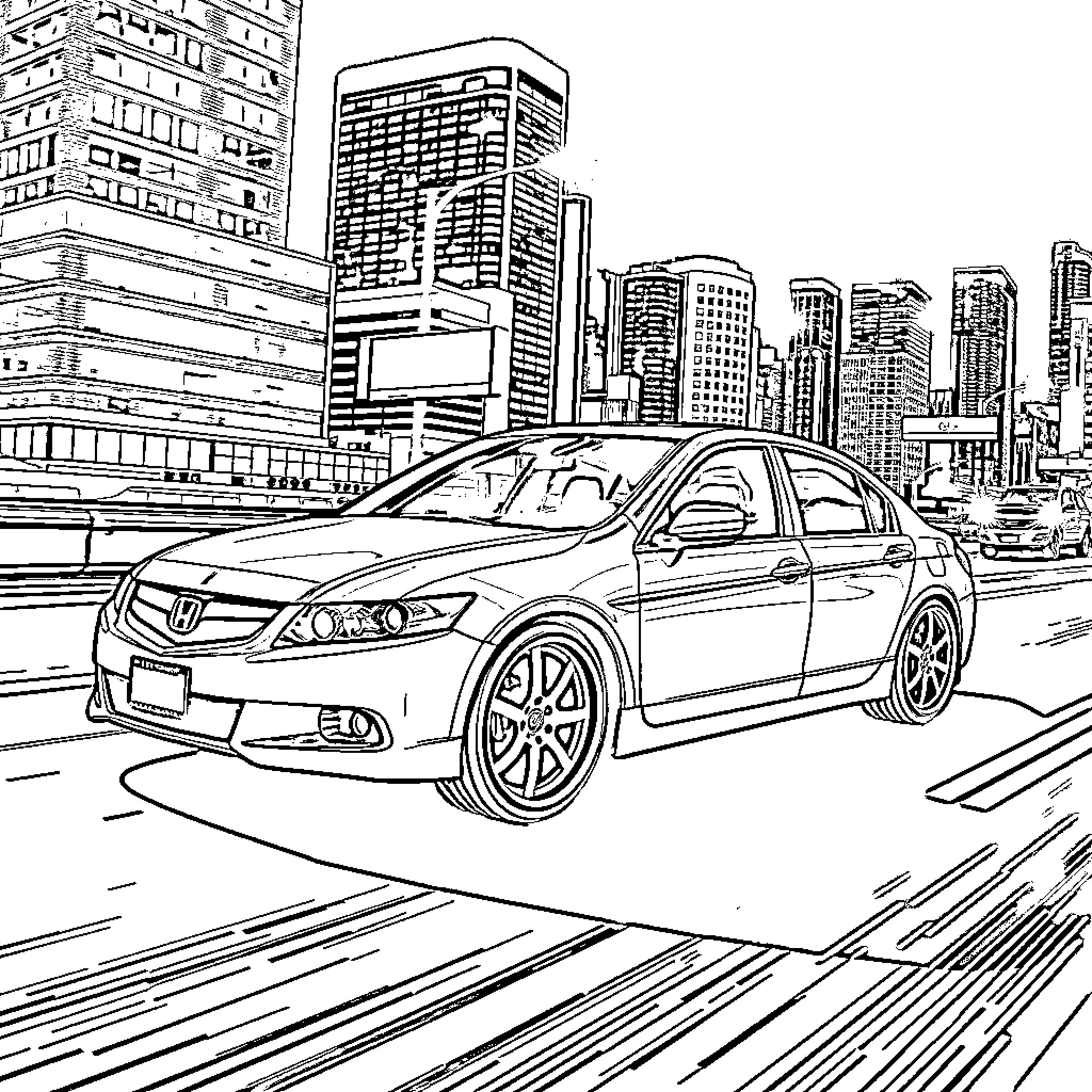 Honda Accord cruising through vibrant city landscape Coloring Page (free black-and-white line drawing printable PDF for all, from beginners to advanced learners, including children, teens, adults, and seniors)
