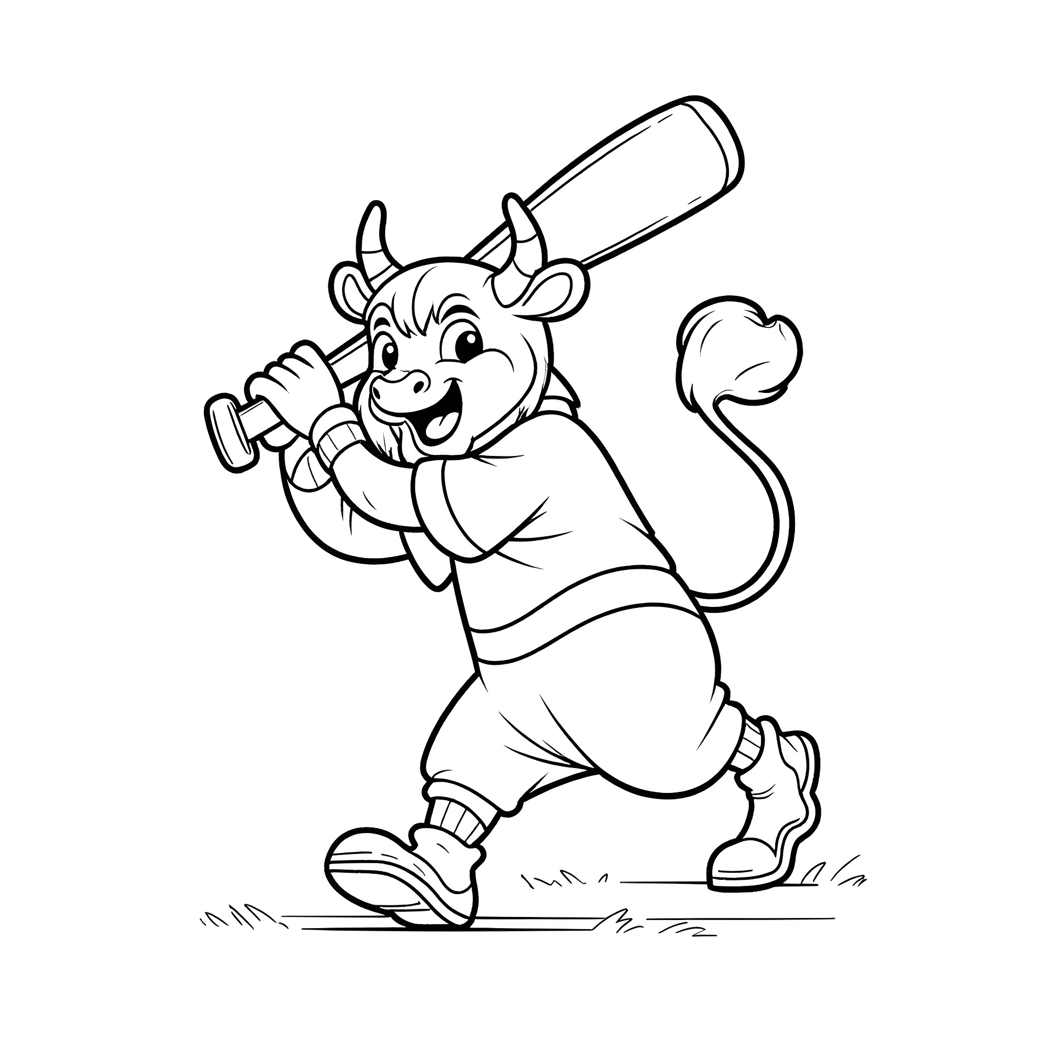 Wool E Bull playing happily with a giant bottle Coloring Page (free black-and-white line drawing printable PDF for all, from beginners to advanced learners, including children, teens, adults, and seniors)