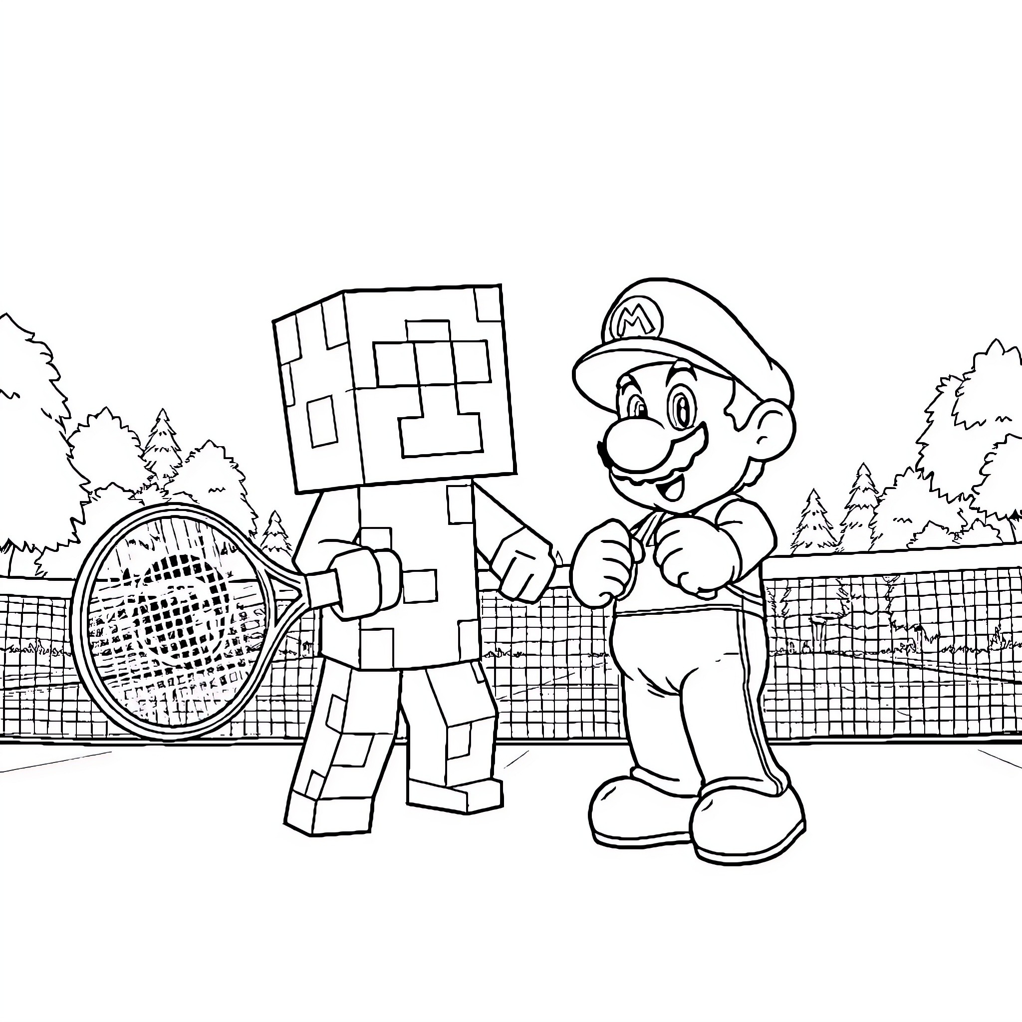 Creeper Mario playing tennis on the court Coloring Page (free black-and-white line drawing printable PDF for all, from beginners to advanced learners, including children, teens, adults, and seniors)