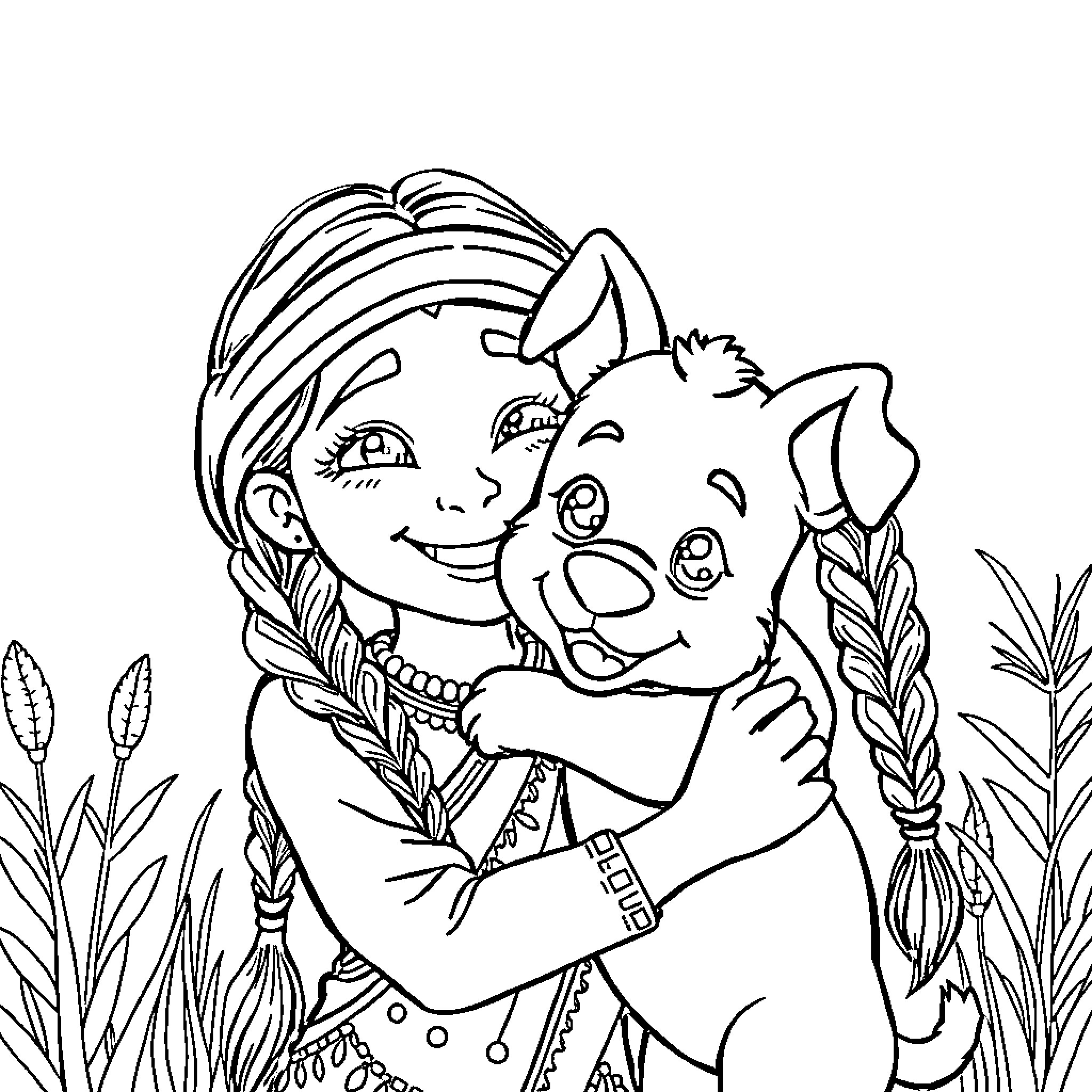 Bluey and Bingo playing together in nature Coloring Page (free black-and-white line drawing printable PDF for all, from beginners to advanced learners, including children, teens, adults, and seniors)