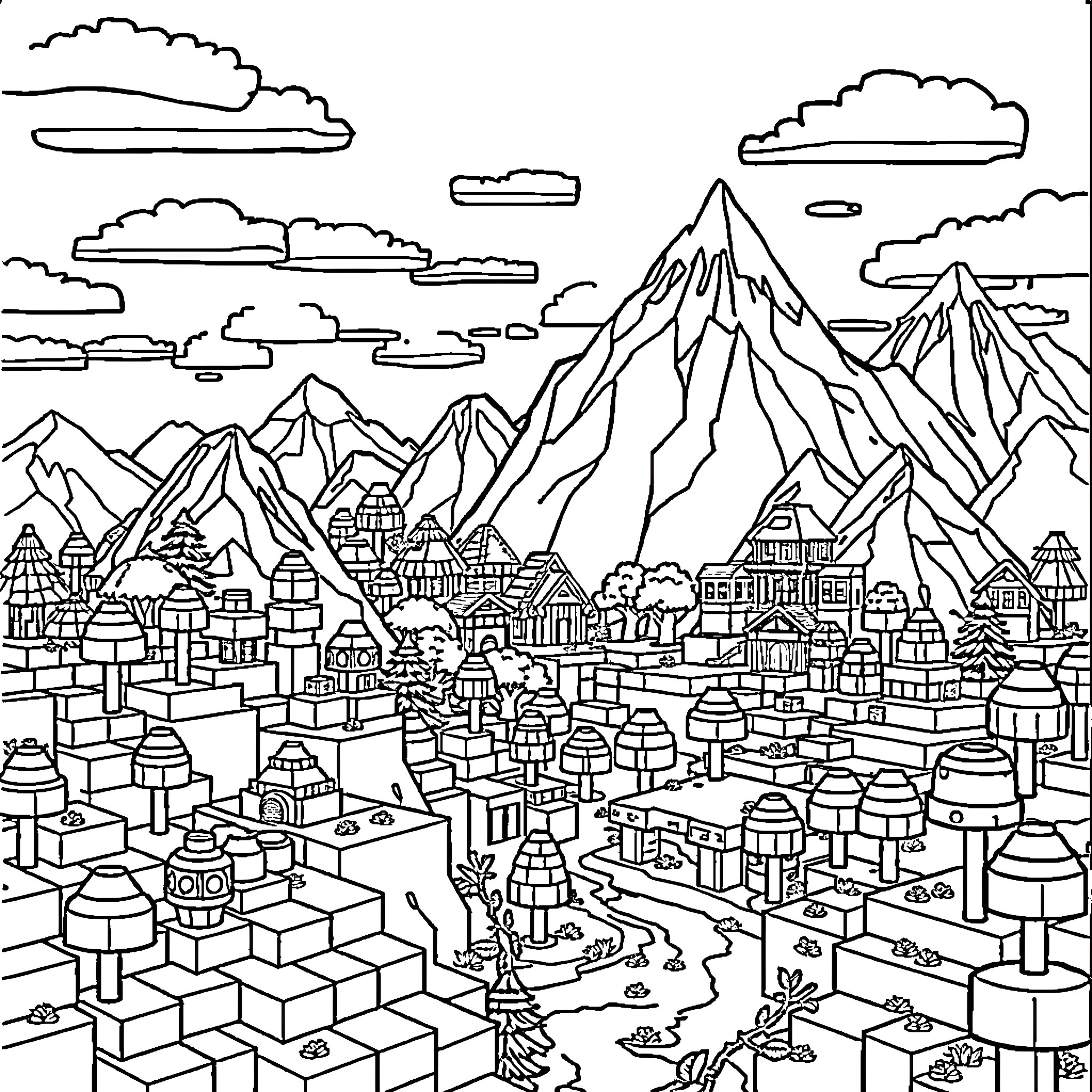 Minecraft Landscape with Mountainous Terrain and Cityscape Coloring Page (free black-and-white line drawing printable PDF for all, from beginners to advanced learners, including children, teens, adults, and seniors)