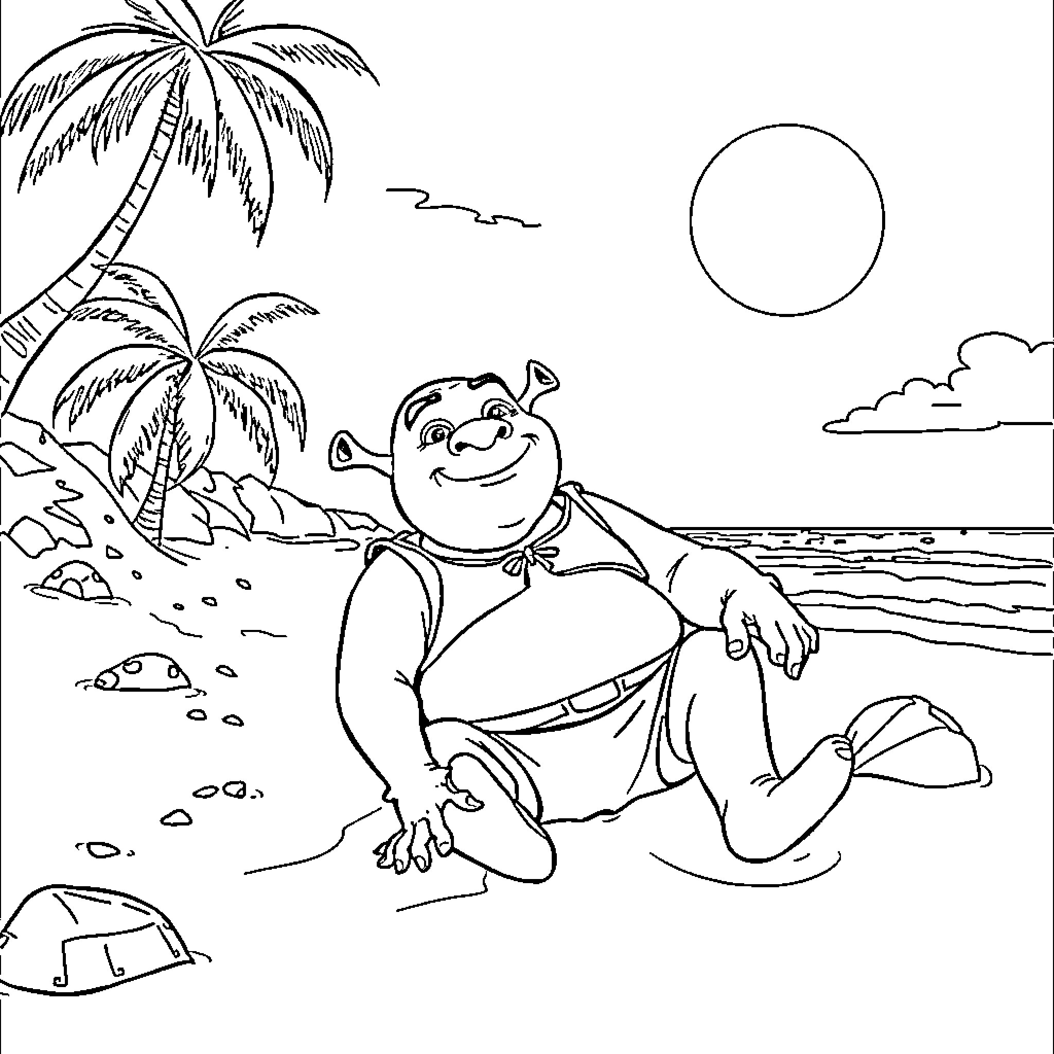 Shrek relaxing on the beach under palm trees Coloring Page (free black-and-white line drawing printable PDF for all, from beginners to advanced learners, including children, teens, adults, and seniors)