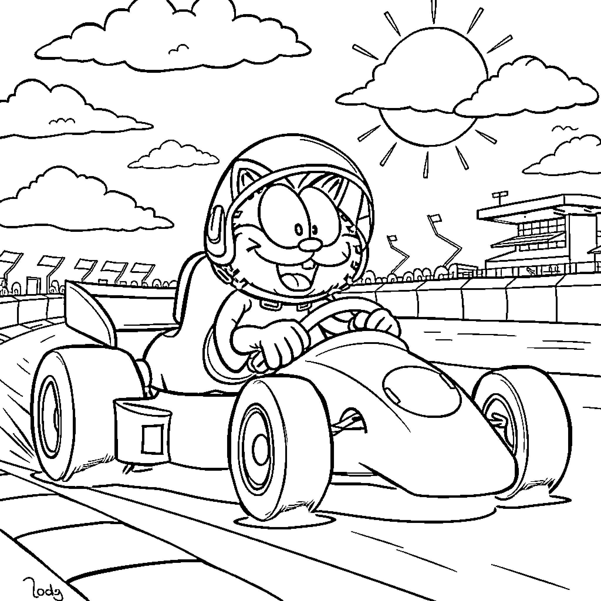 Garfield driving a race car on the road Coloring Page (free black-and-white line drawing printable PDF for all, from beginners to advanced learners, including children, teens, adults, and seniors)