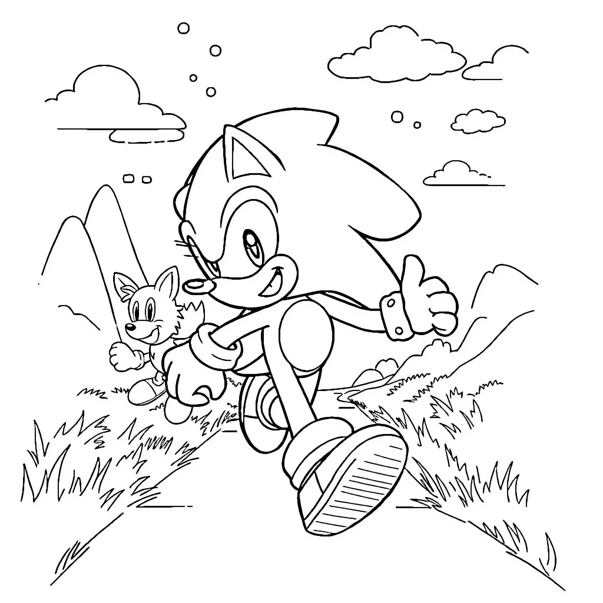 Sonic and friends exploring the great outdoors Coloring Page (free black-and-white line drawing printable PDF for all, from beginners to advanced learners, including children, teens, adults, and seniors)