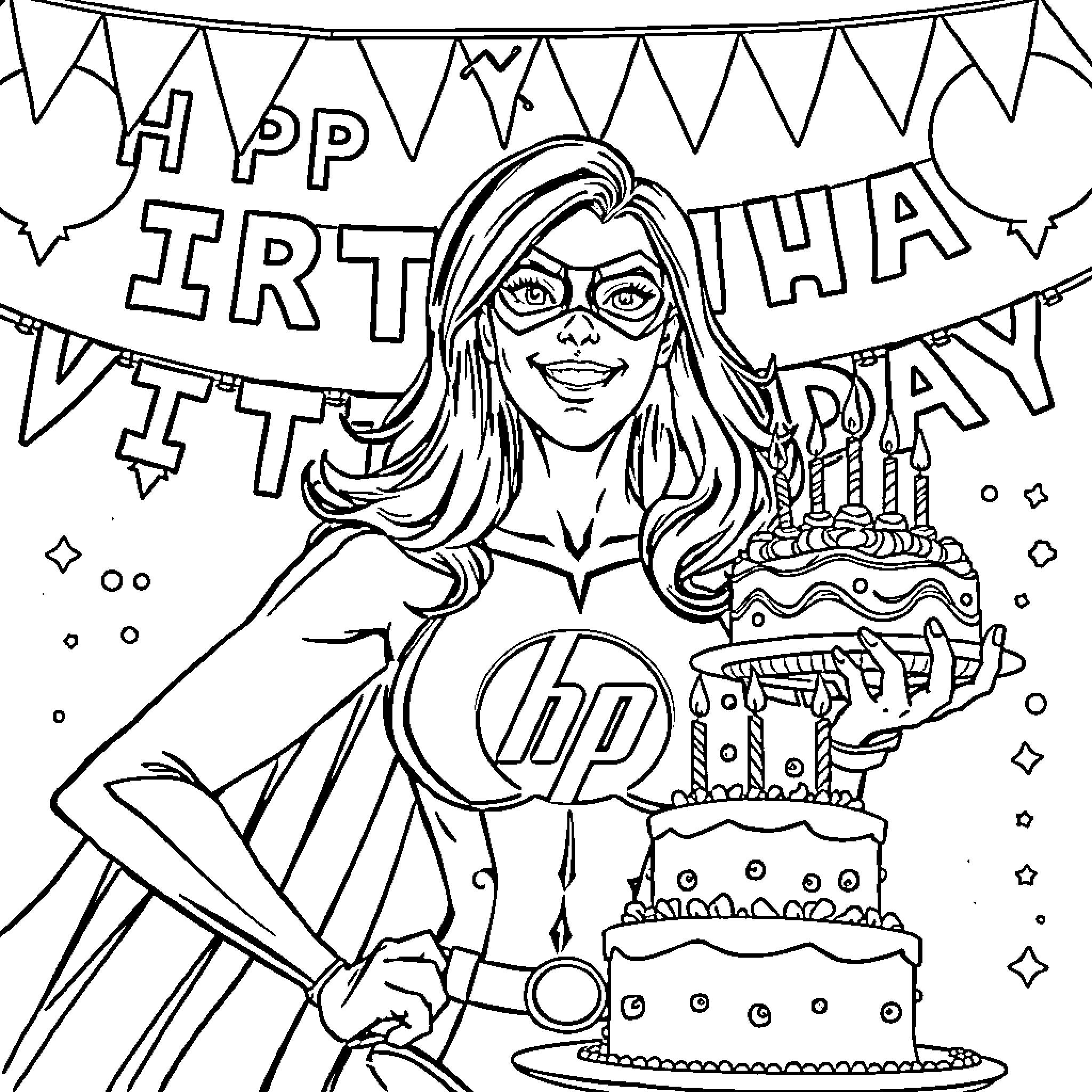 Superhero Celebrating Birthday with Cake and Decorations Coloring Page (free black-and-white line drawing printable PDF for all, from beginners to advanced learners, including children, teens, adults, and seniors)