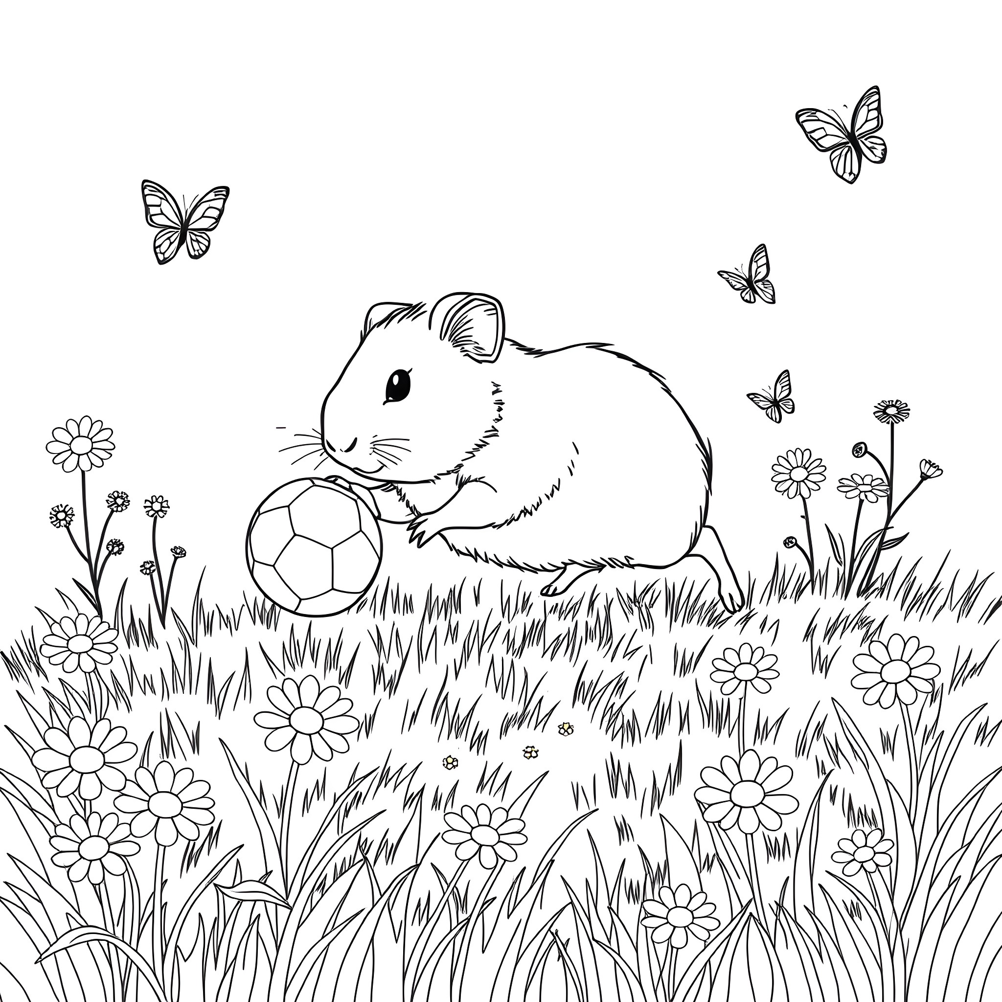 Guinea Pig Playing Happily with Soccer Ball in Flower Field Coloring Page (free black-and-white line drawing printable PDF for all, from beginners to advanced learners, including children, teens, adults, and seniors)