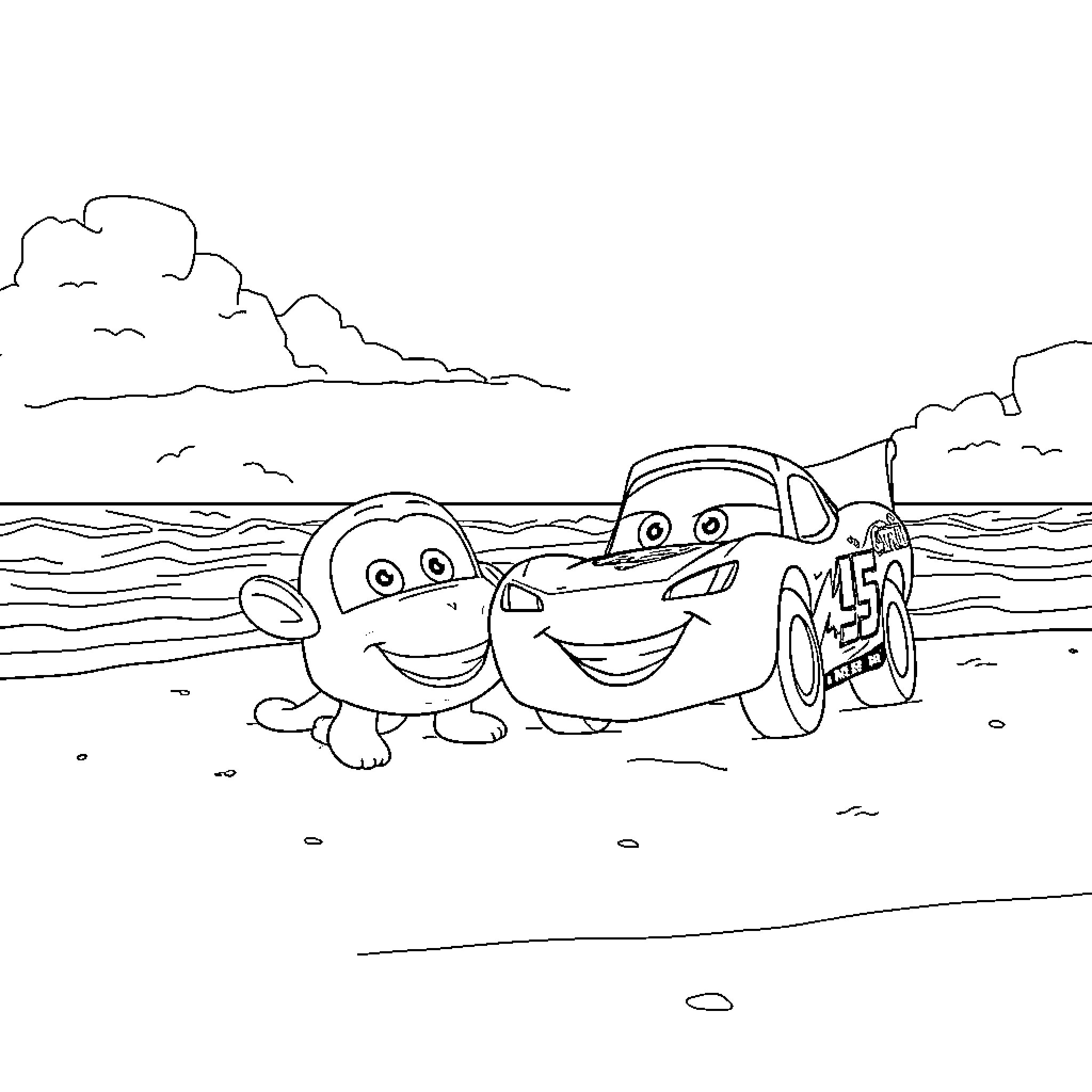 Bluey and Lightning McQueen play on the beach Coloring Page (free black-and-white line drawing printable PDF for all, from beginners to advanced learners, including children, teens, adults, and seniors)