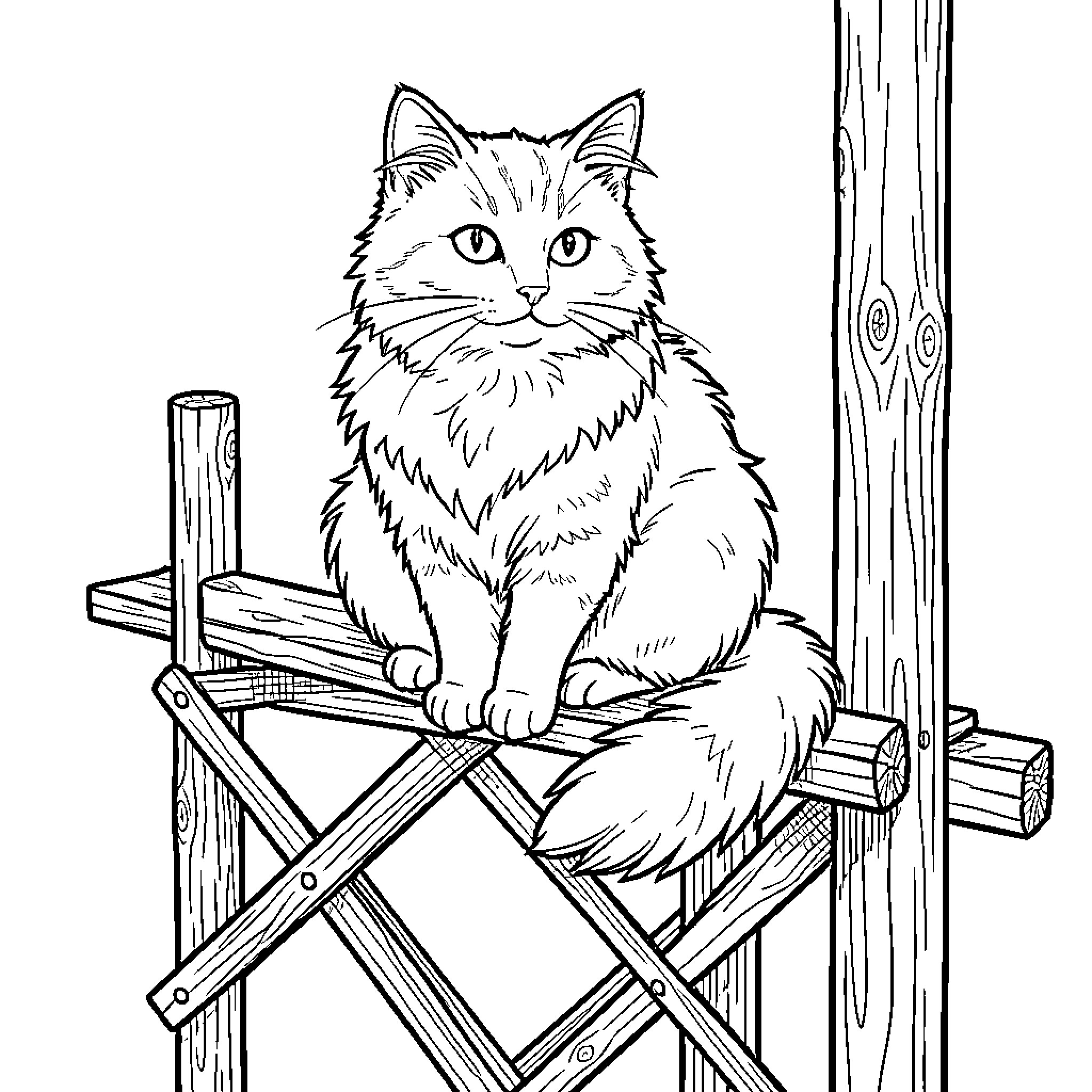 Cat sitting on a wooden chair Coloring Page (free black-and-white line drawing printable PDF for all, from beginners to advanced learners, including children, teens, adults, and seniors)