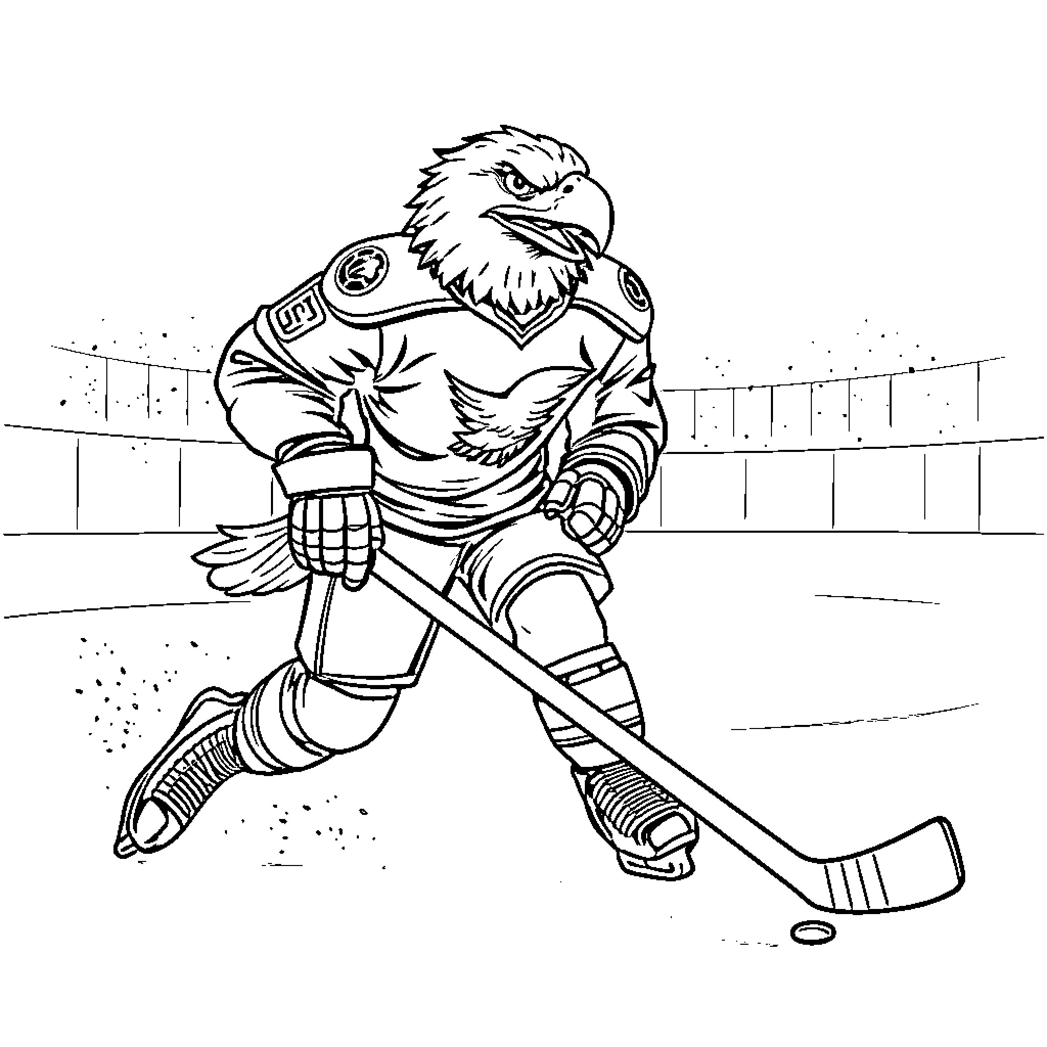 Eagle hockey player in action on the rink Coloring Page (free black-and-white line drawing printable PDF for all, from beginners to advanced learners, including children, teens, adults, and seniors)