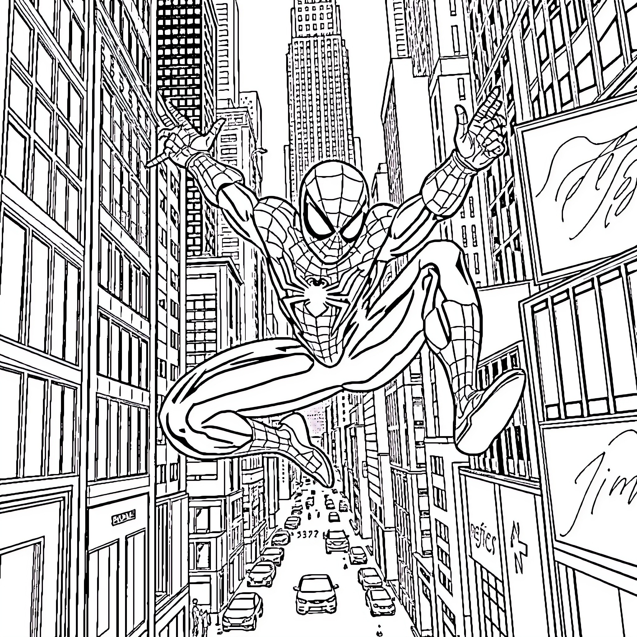 Spider-Man swinging through the city skyline Coloring Page (free black-and-white line drawing printable PDF for all, from beginners to advanced learners, including children, teens, adults, and seniors)