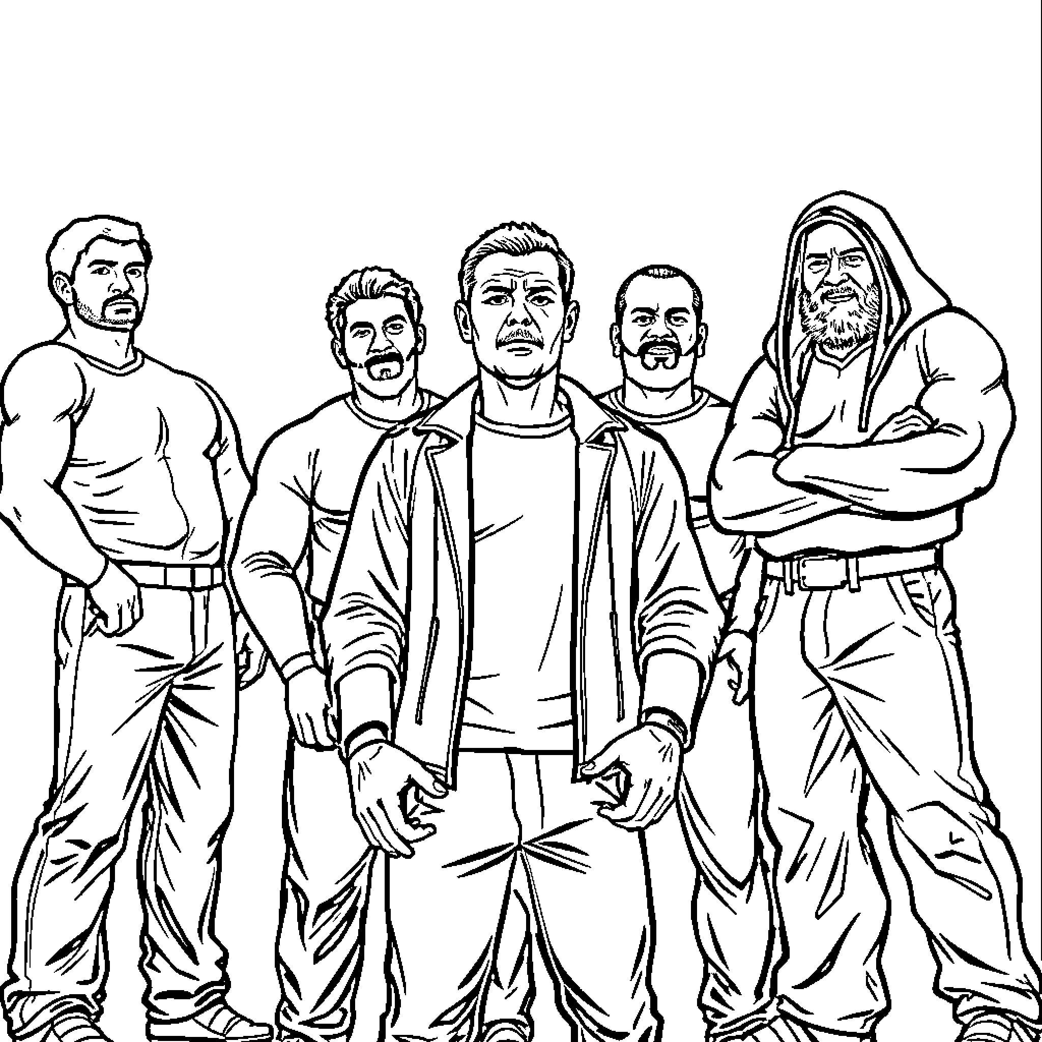 Man Standing Confidently with Group of Friends Coloring Page (free black-and-white line drawing printable PDF for all, from beginners to advanced learners, including children, teens, adults, and seniors)