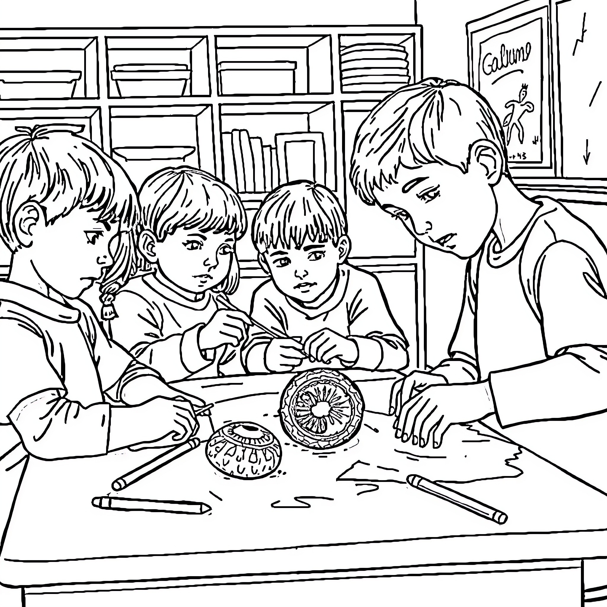 Owl Students Engaging in Artistic Activities in Classroom Coloring Page (free black-and-white line drawing printable PDF for all, from beginners to advanced learners, including children, teens, adults, and seniors)