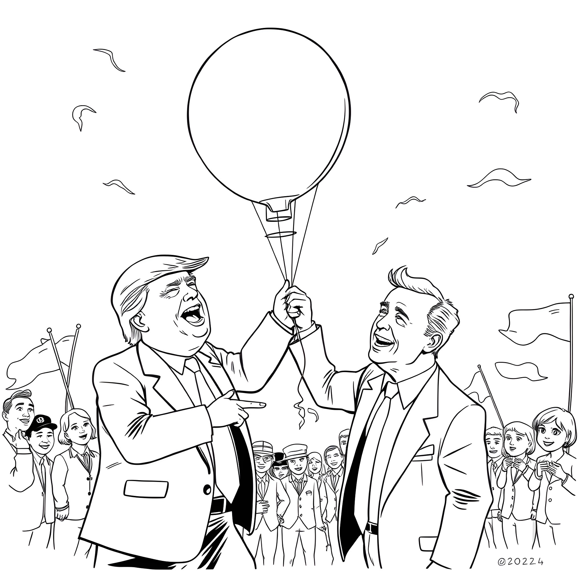 Trump rallying supporters with a hot air balloon Coloring Page (free black-and-white line drawing printable PDF for all, from beginners to advanced learners, including children, teens, adults, and seniors)