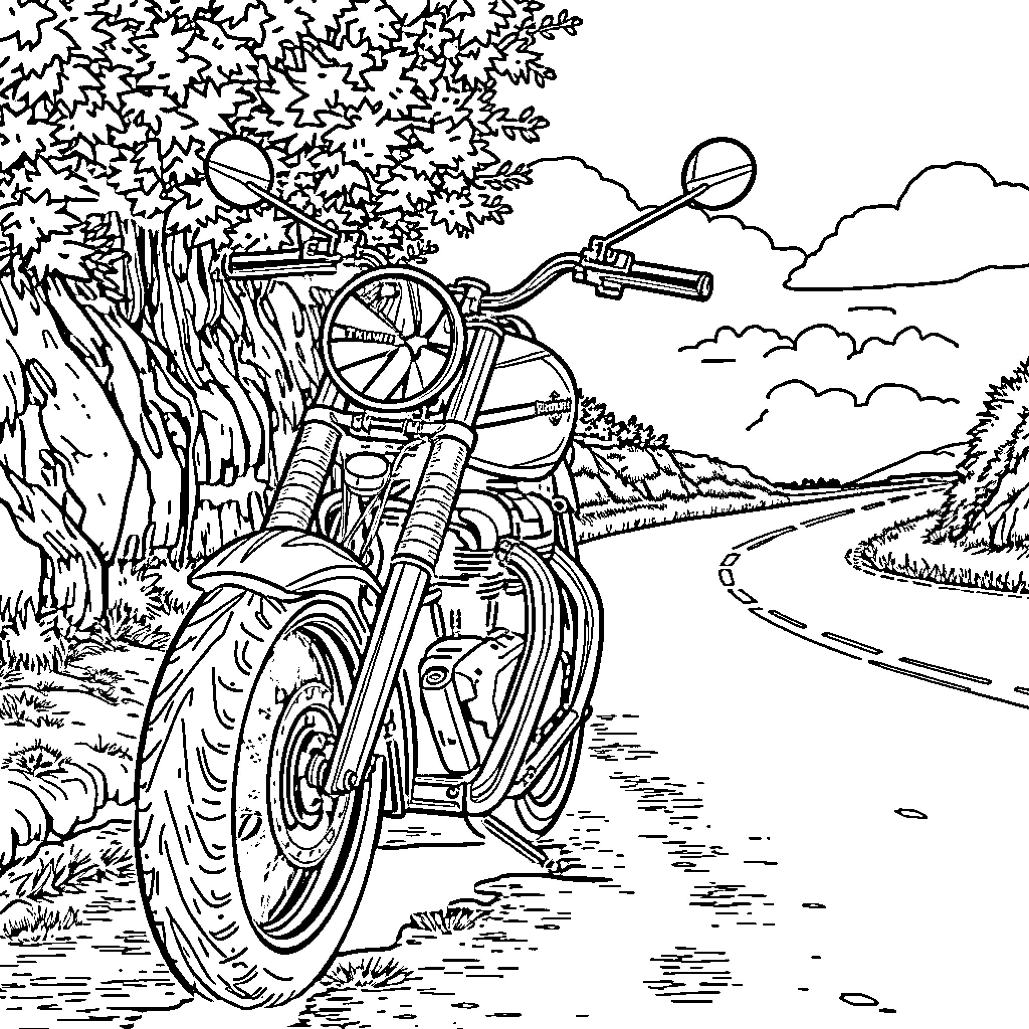 Bike riding through scenic countryside Coloring Page (free black-and-white line drawing printable PDF for all, from beginners to advanced learners, including children, teens, adults, and seniors)
