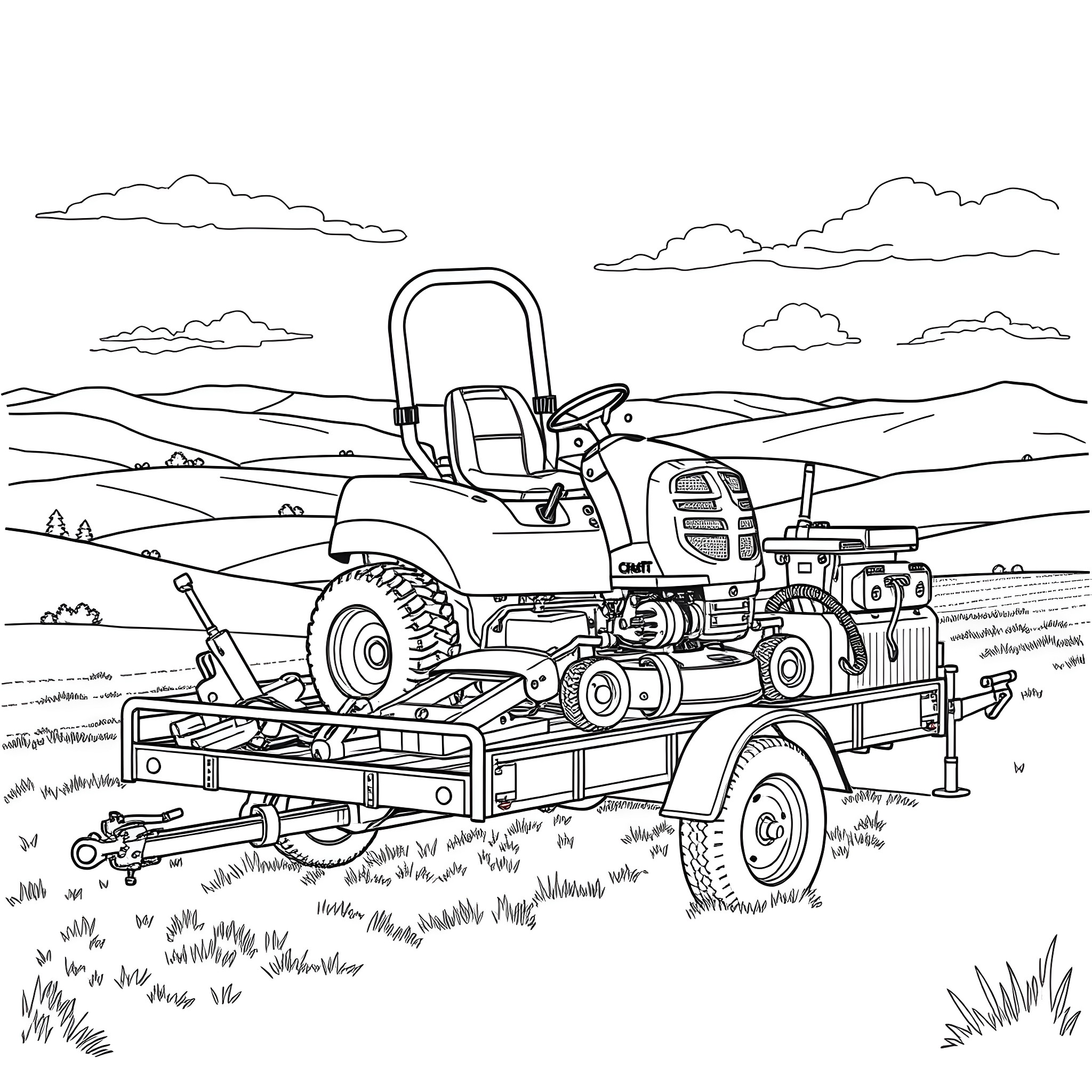 Mower towing trailer through rural landscape Coloring Page (free black-and-white line drawing printable PDF for all, from beginners to advanced learners, including children, teens, adults, and seniors)