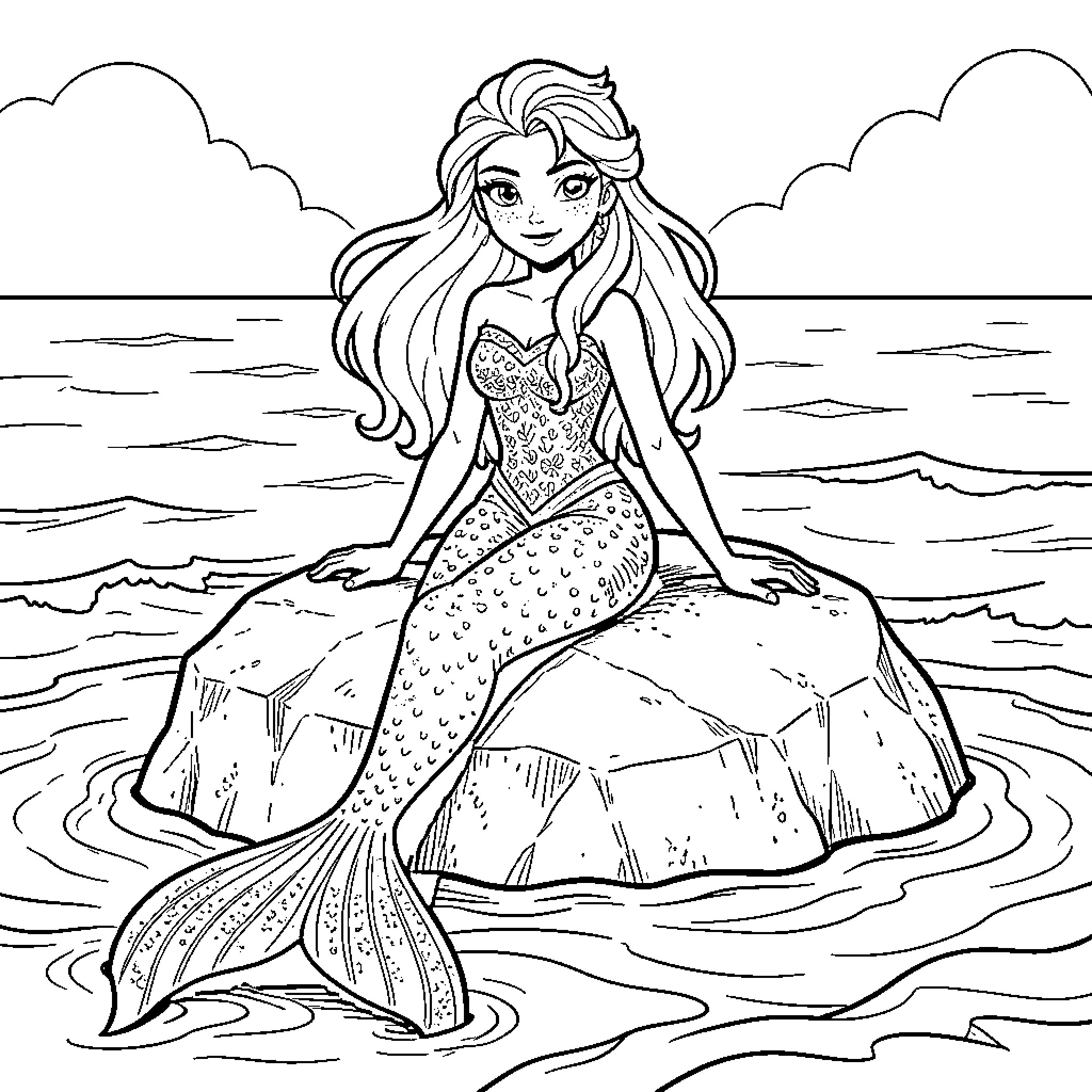 Elsa sitting gracefully as a mermaid on a rock Coloring Page (free black-and-white line drawing printable PDF for all, from beginners to advanced learners, including children, teens, adults, and seniors)