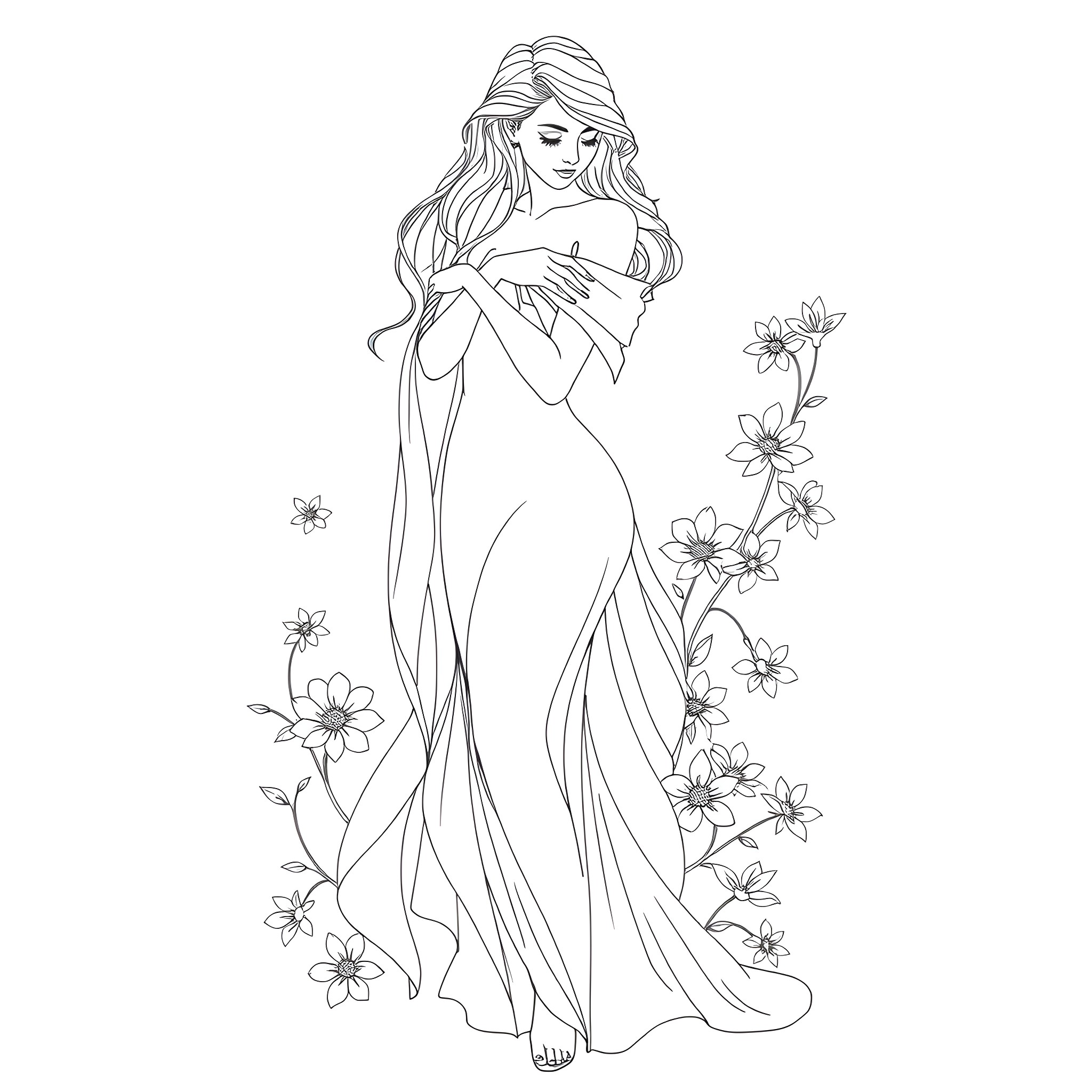 Woman in flowing dress surrounded by floral elements Coloring Page (free black-and-white line drawing printable PDF for all, from beginners to advanced learners, including children, teens, adults, and seniors)
