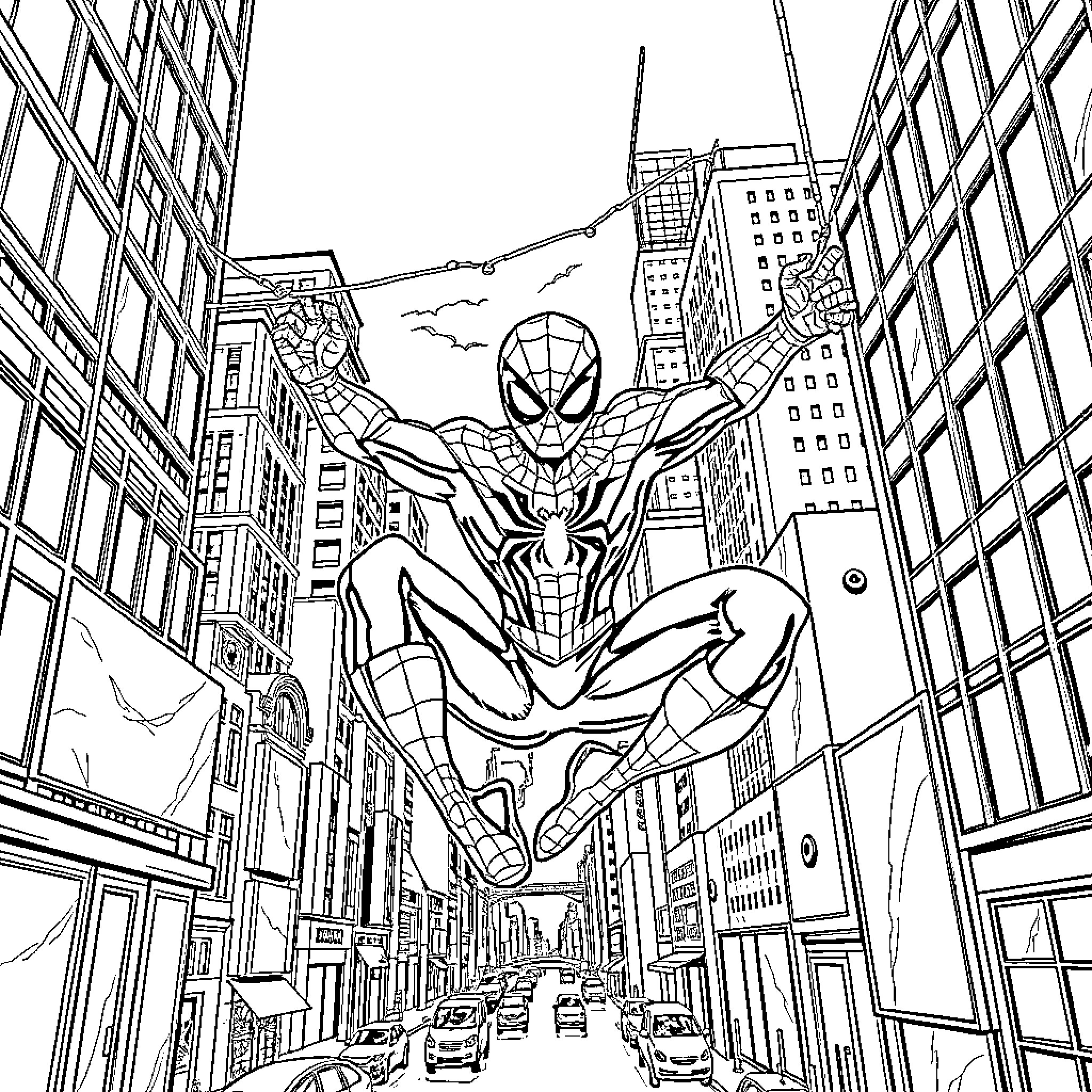 Spiderman swinging through the city skyline Coloring Page (free black-and-white line drawing printable PDF for all, from beginners to advanced learners, including children, teens, adults, and seniors)