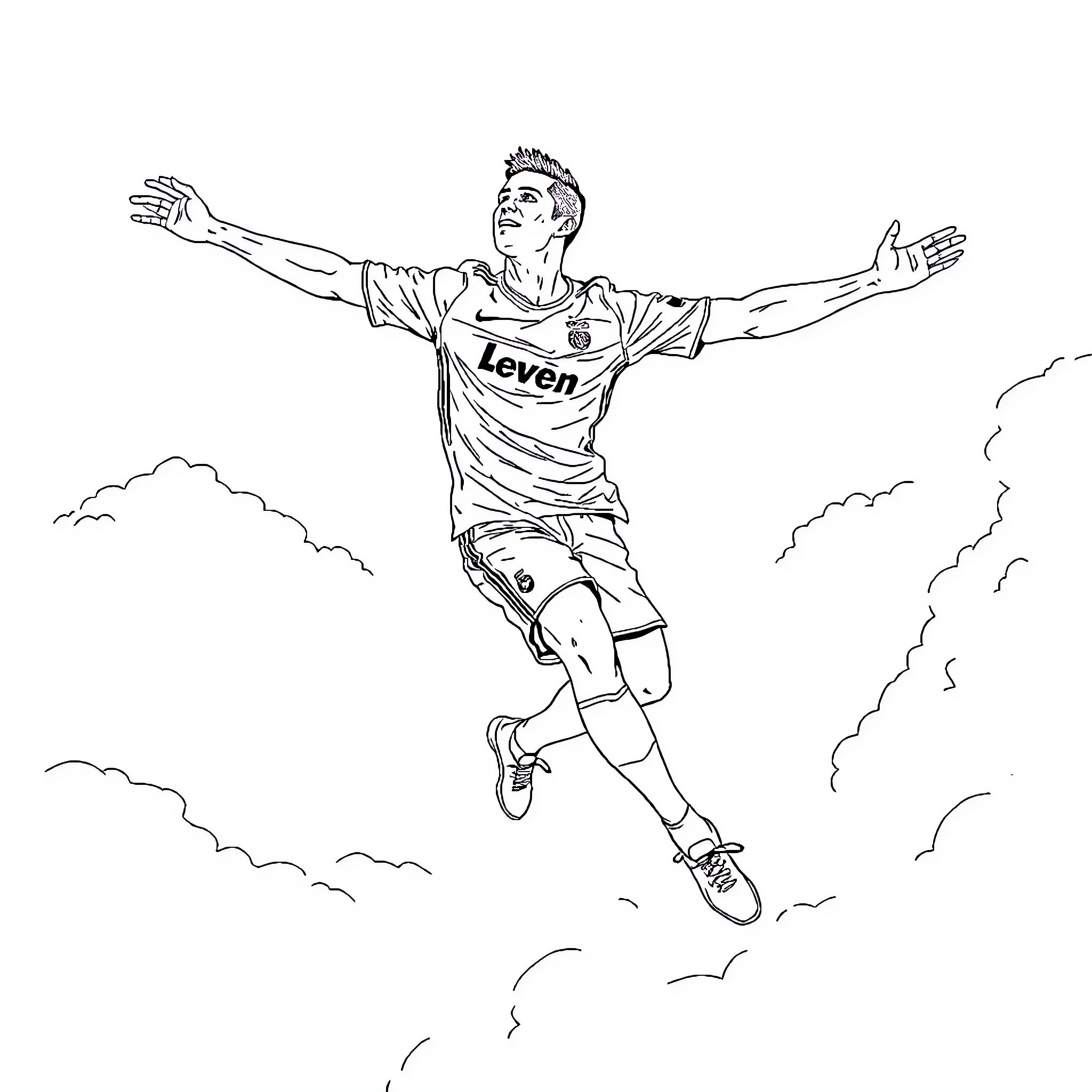 Cristiano Ronaldo celebrating soccer goal with outstretched arms Coloring Page (free black-and-white line drawing printable PDF for all, from beginners to advanced learners, including children, teens, adults, and seniors)