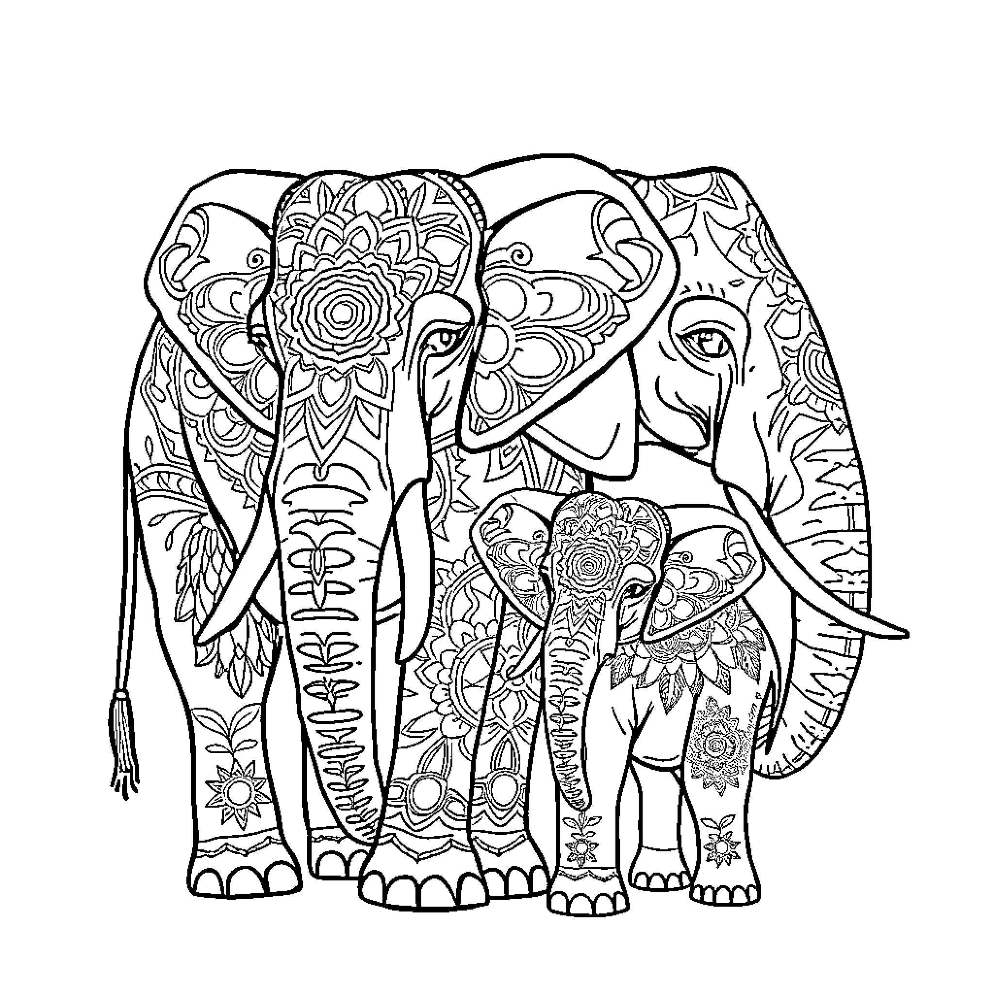 Elephants with Intricate Floral Designs Coloring Page (free black-and-white line drawing printable PDF for all, from beginners to advanced learners, including children, teens, adults, and seniors)