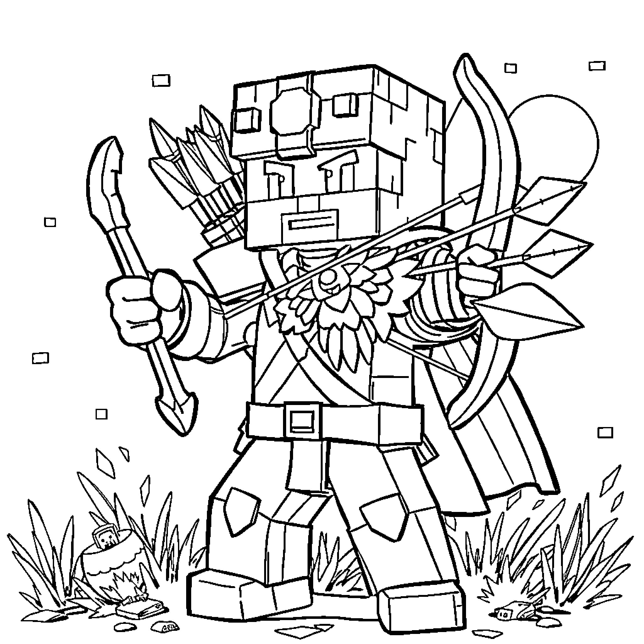 Bird Warrior Wielding Weapons in Nature Coloring Page (free black-and-white line drawing printable PDF for all, from beginners to advanced learners, including children, teens, adults, and seniors)