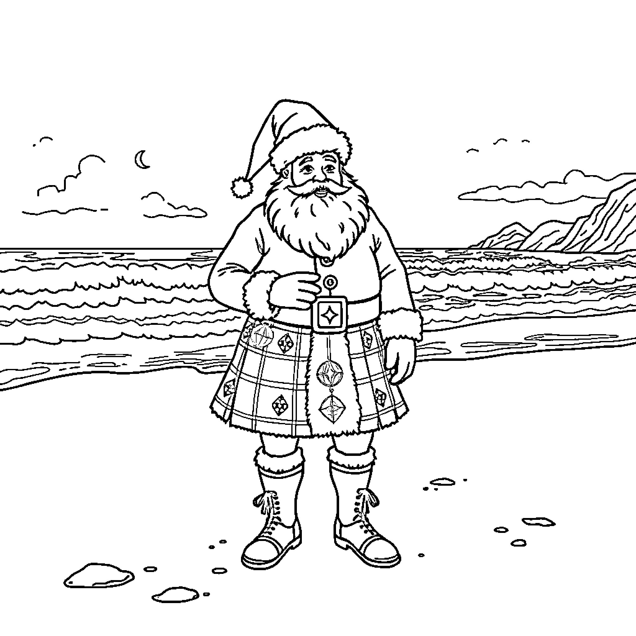 Santa enjoying the beach on a winter day Coloring Page (free black-and-white line drawing printable PDF for all, from beginners to advanced learners, including children, teens, adults, and seniors)