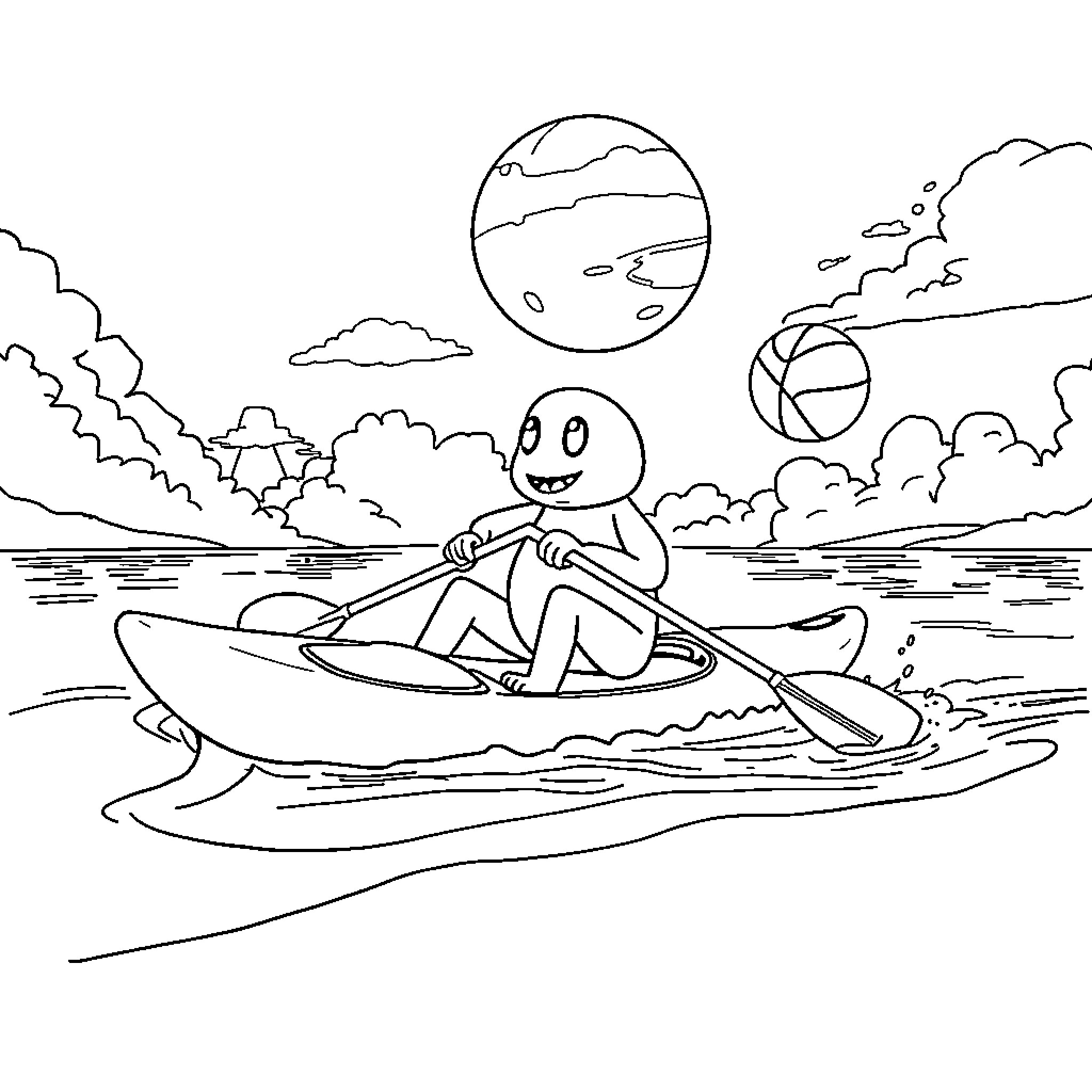 Uranus character rowing boat in whimsical landscape Coloring Page (free black-and-white line drawing printable PDF for all, from beginners to advanced learners, including children, teens, adults, and seniors)