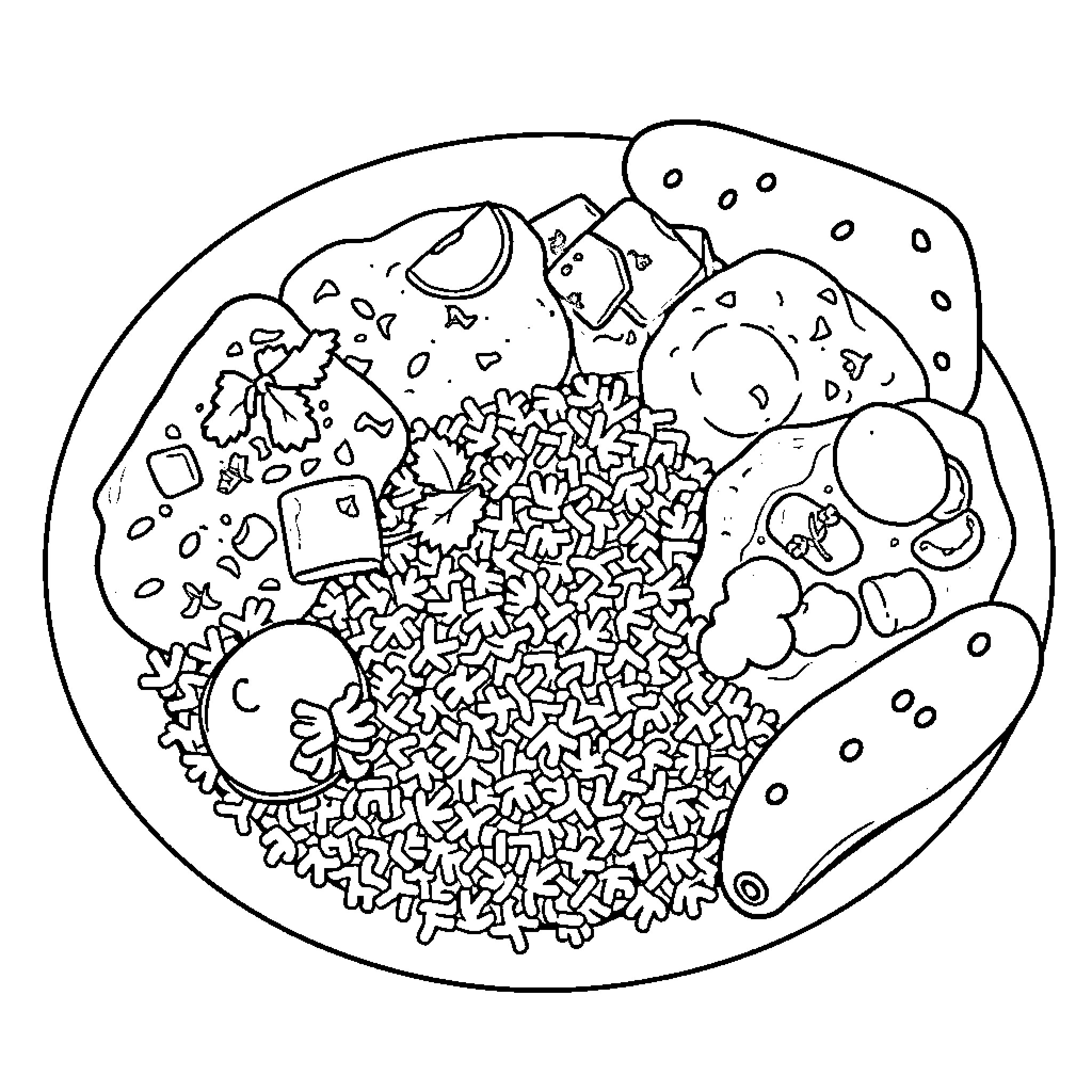 Indian Food Ingredients Arranged Artfully Coloring Page (free black-and-white line drawing printable PDF for all, from beginners to advanced learners, including children, teens, adults, and seniors)