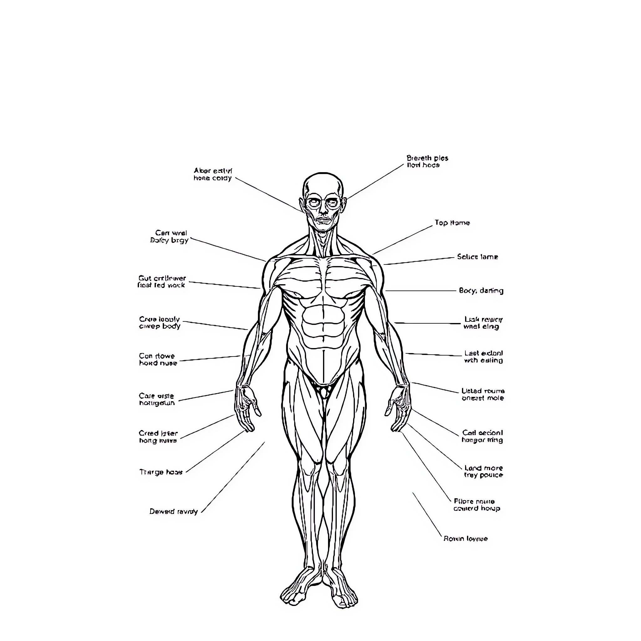 Muscle Anatomy Diagram of the Human Body Coloring Page (free black-and-white line drawing printable PDF for all, from beginners to advanced learners, including children, teens, adults, and seniors)