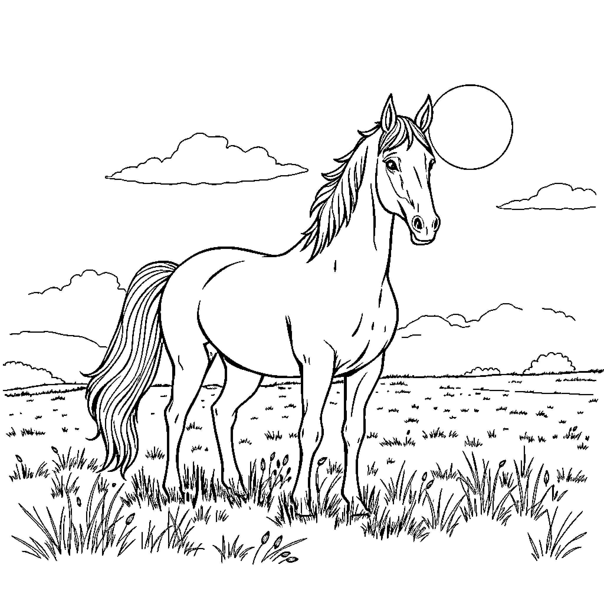 Horse standing majestically under the moon Coloring Page (free black-and-white line drawing printable PDF for all, from beginners to advanced learners, including children, teens, adults, and seniors)