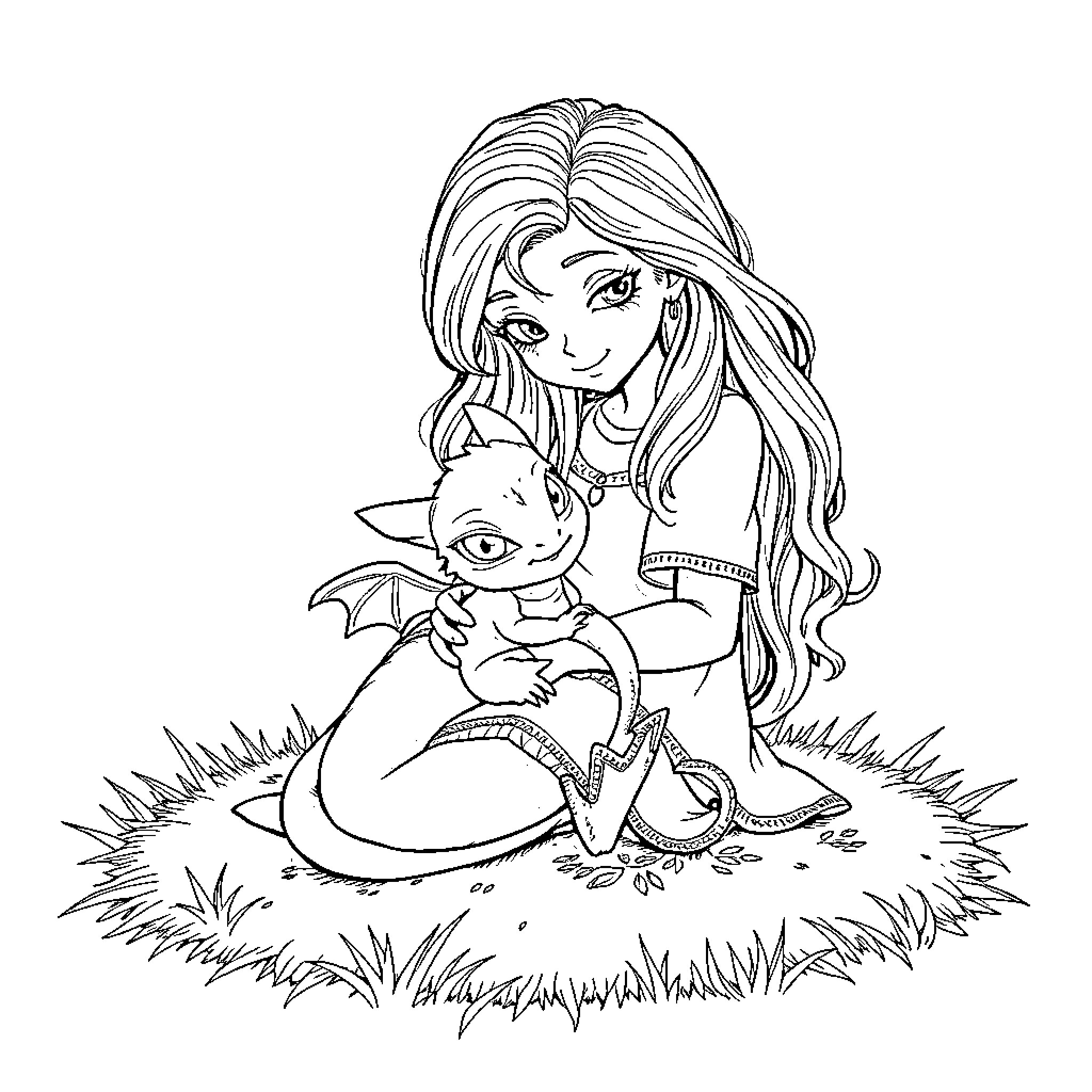 Luna Lovegood playing with a magical creature Coloring Page (free black-and-white line drawing printable PDF for all, from beginners to advanced learners, including children, teens, adults, and seniors)