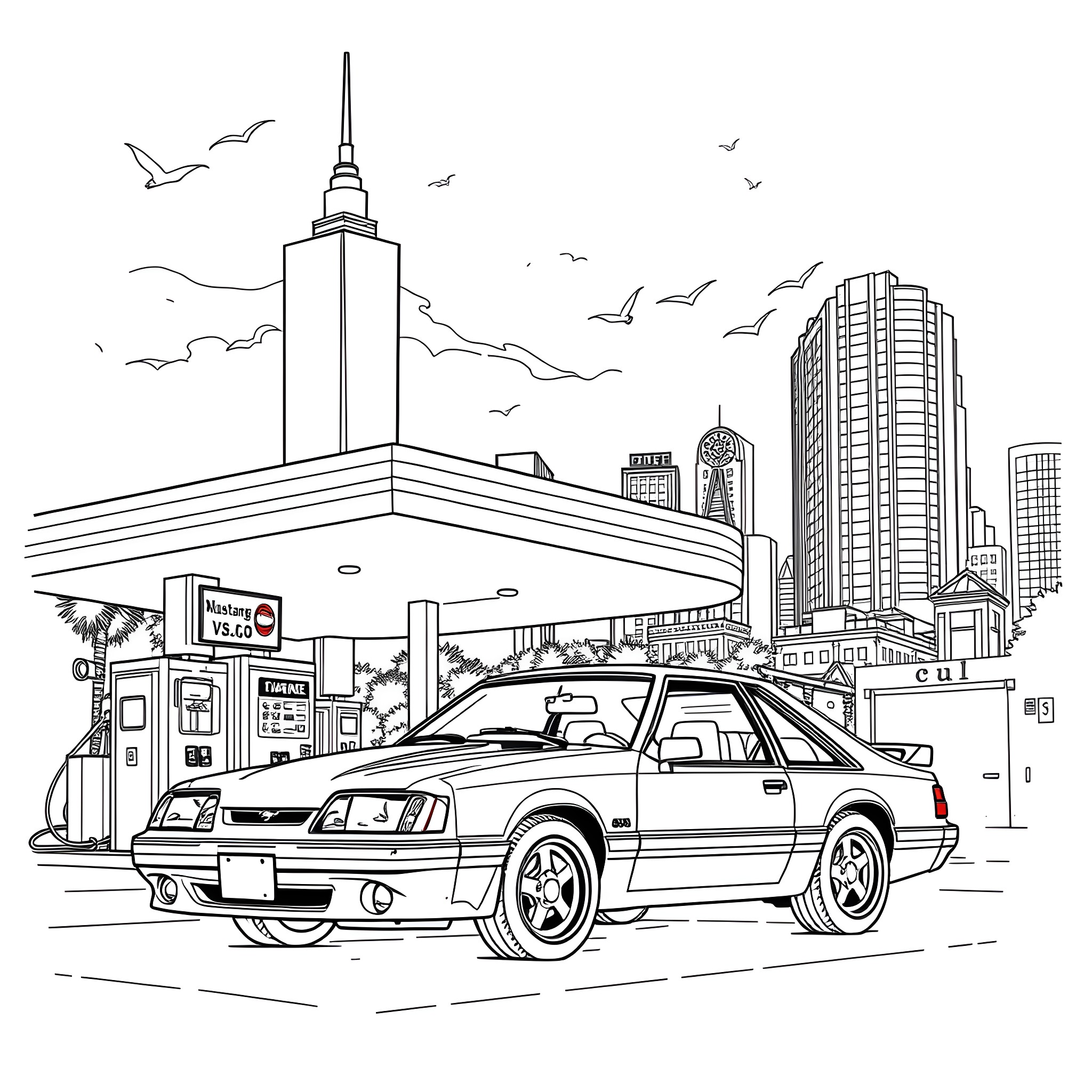 Mustang sports car in the urban city Coloring Page (free black-and-white line drawing printable PDF for all, from beginners to advanced learners, including children, teens, adults, and seniors)