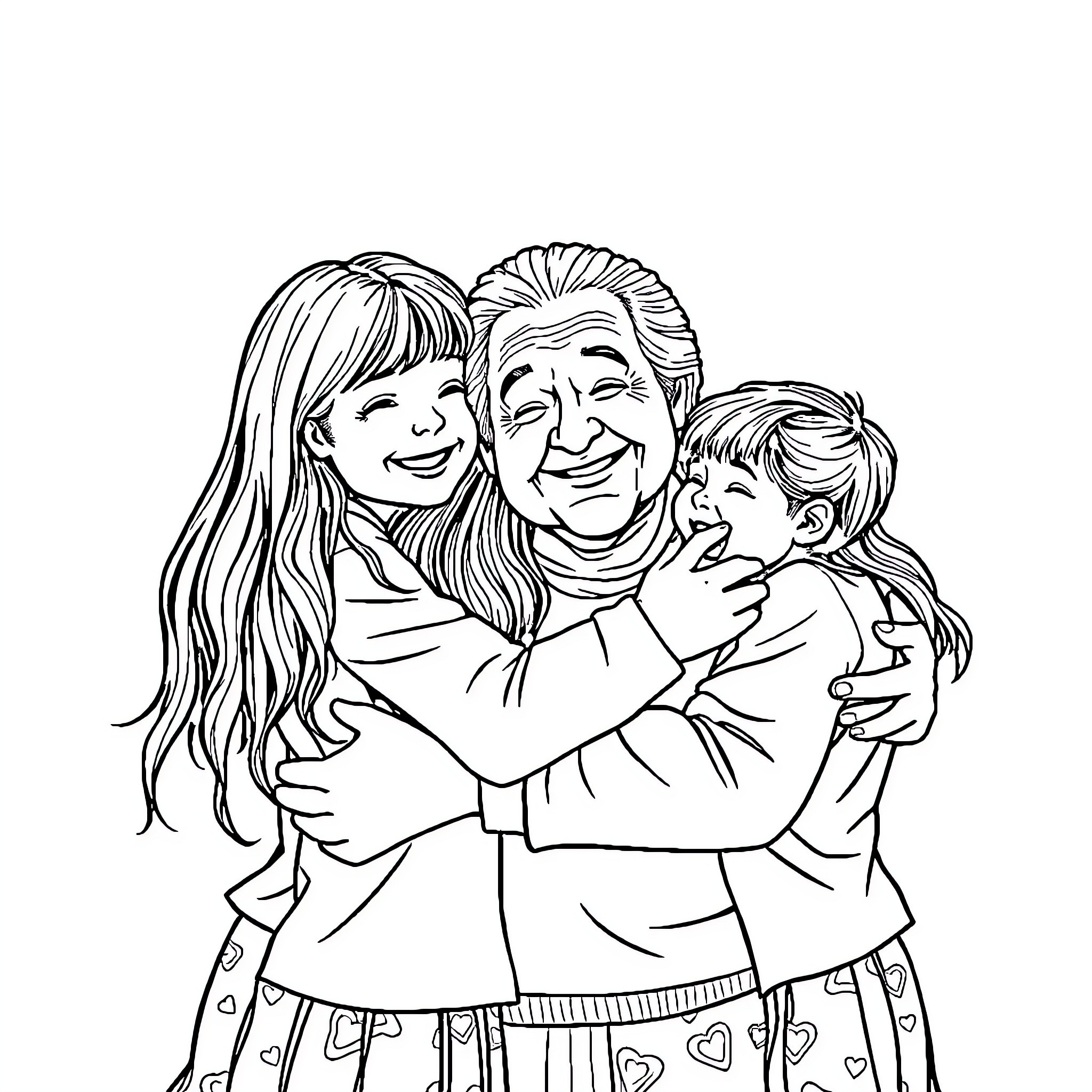 Child and grandparents embracing joyfully Coloring Page (free black-and-white line drawing printable PDF for all, from beginners to advanced learners, including children, teens, adults, and seniors)