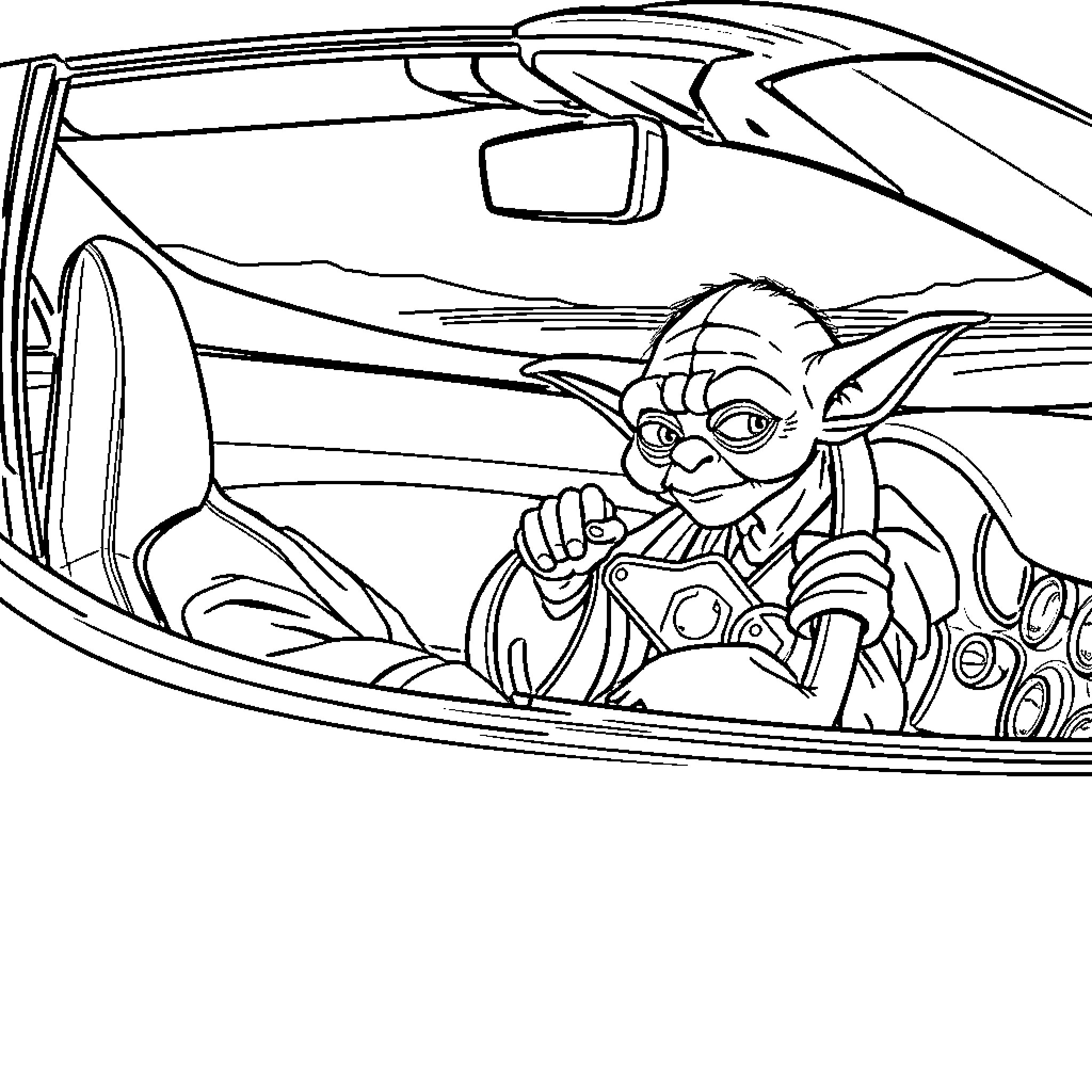 Yoda driving a vehicle with focus Coloring Page (free black-and-white line drawing printable PDF for all, from beginners to advanced learners, including children, teens, adults, and seniors)