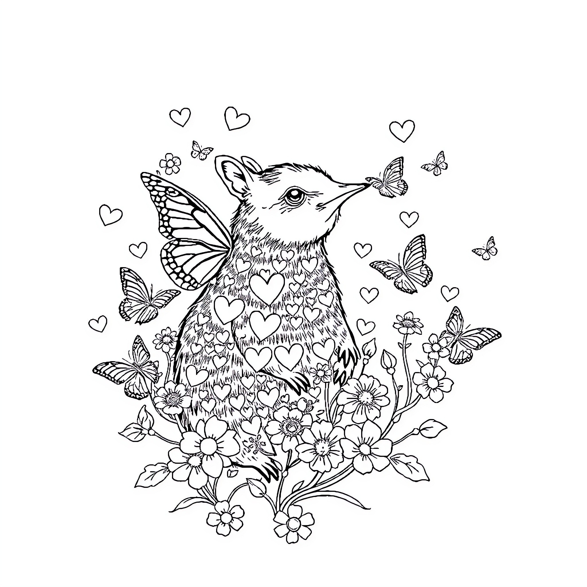 Capybara surrounded by flowers and butterflies Coloring Page (free black-and-white line drawing printable PDF for all, from beginners to advanced learners, including children, teens, adults, and seniors)
